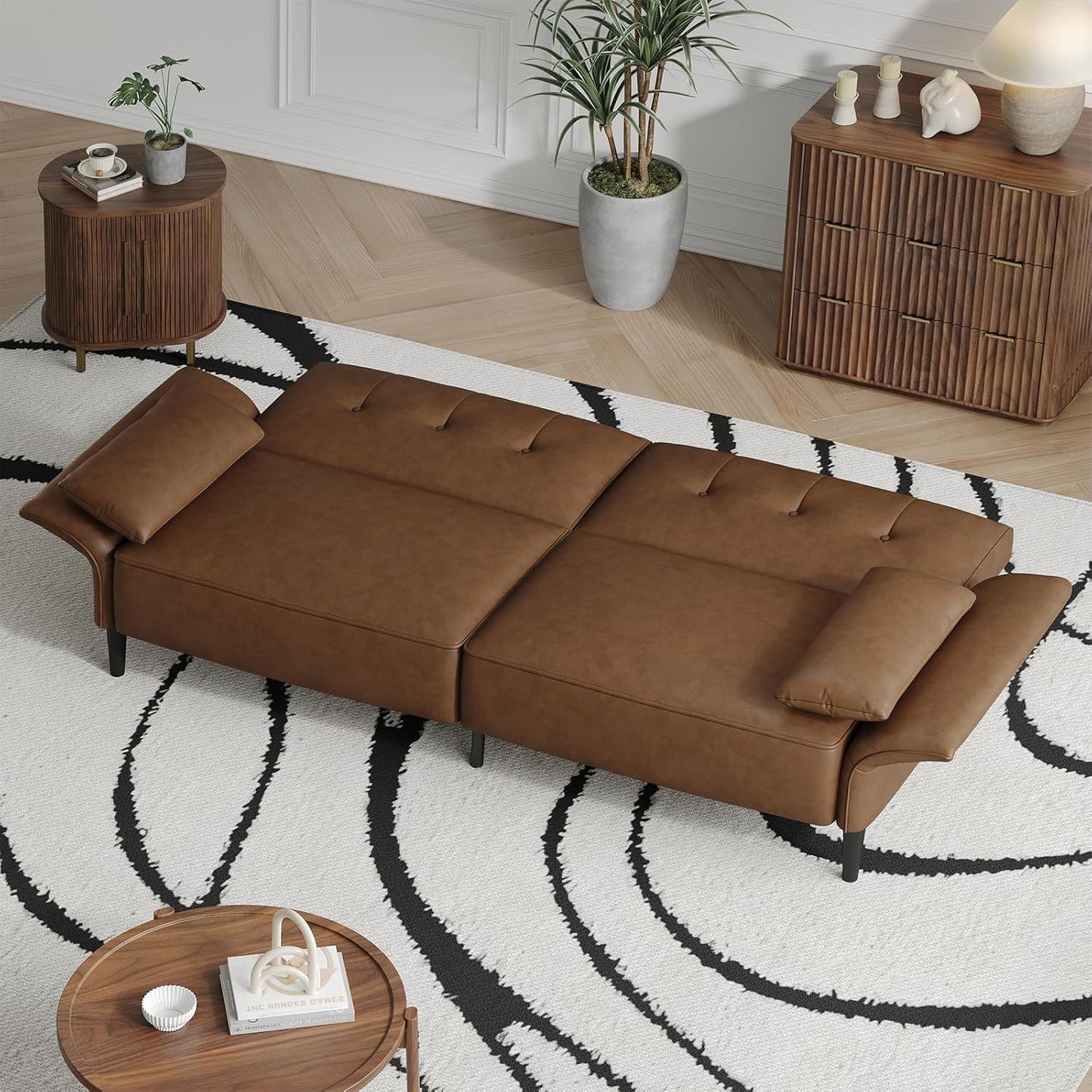 89” Futon Sofa Bed, Faux Leather Futon Couch Bed with 2 Square Pillows, Convertible Sleeper Sofa with Adjustable Backrest& Armrests, Modern Loveseat Sleeper for Living Room, Bedroom, Brown