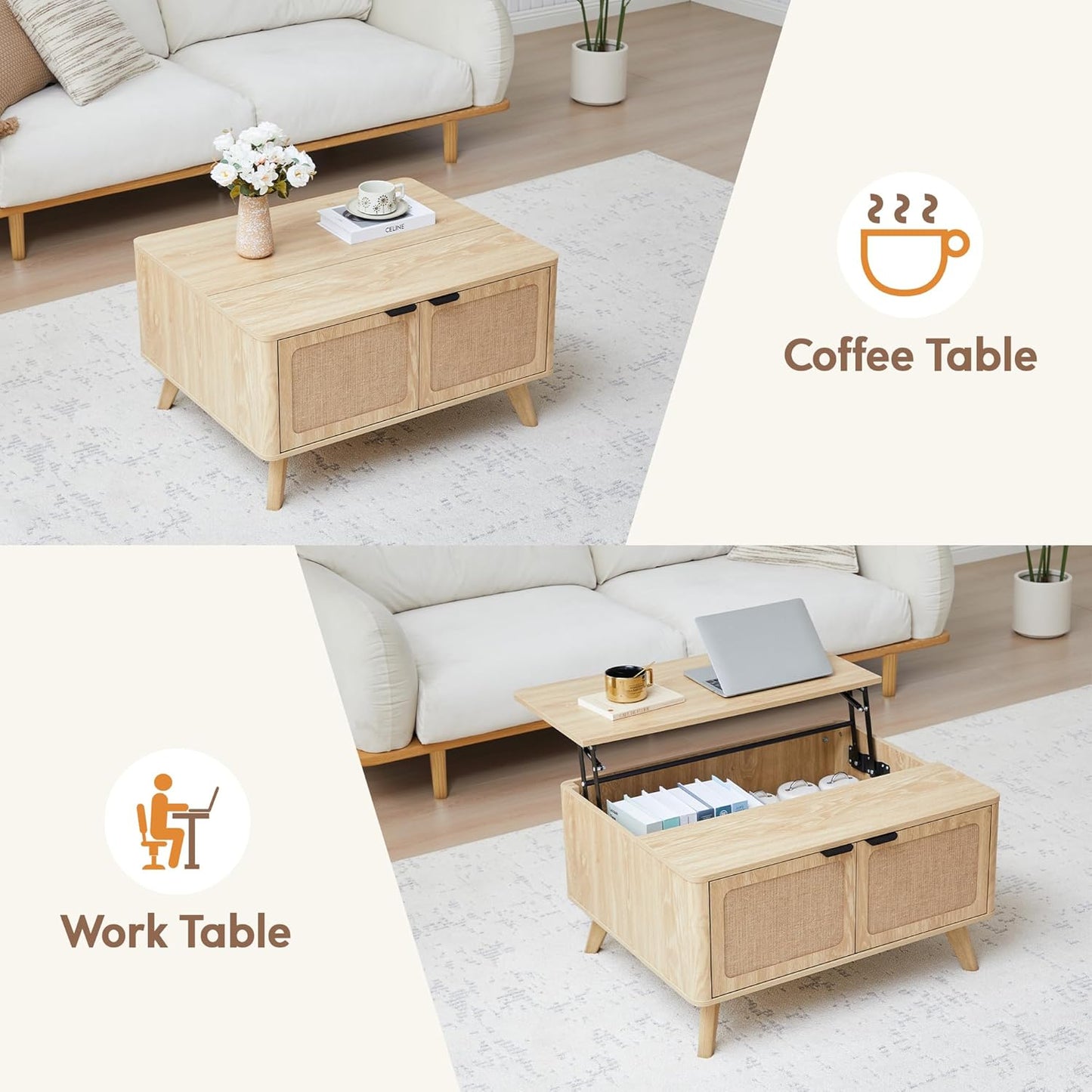 AVZEAR Wood Lift Top Coffee Table with Storage, Boho Modern Coffee Table with Nature Linen Doors & Large Hidden Storage, Rounded Corners Center Table Farmhouse Coffee Tables for Living Room, Natural