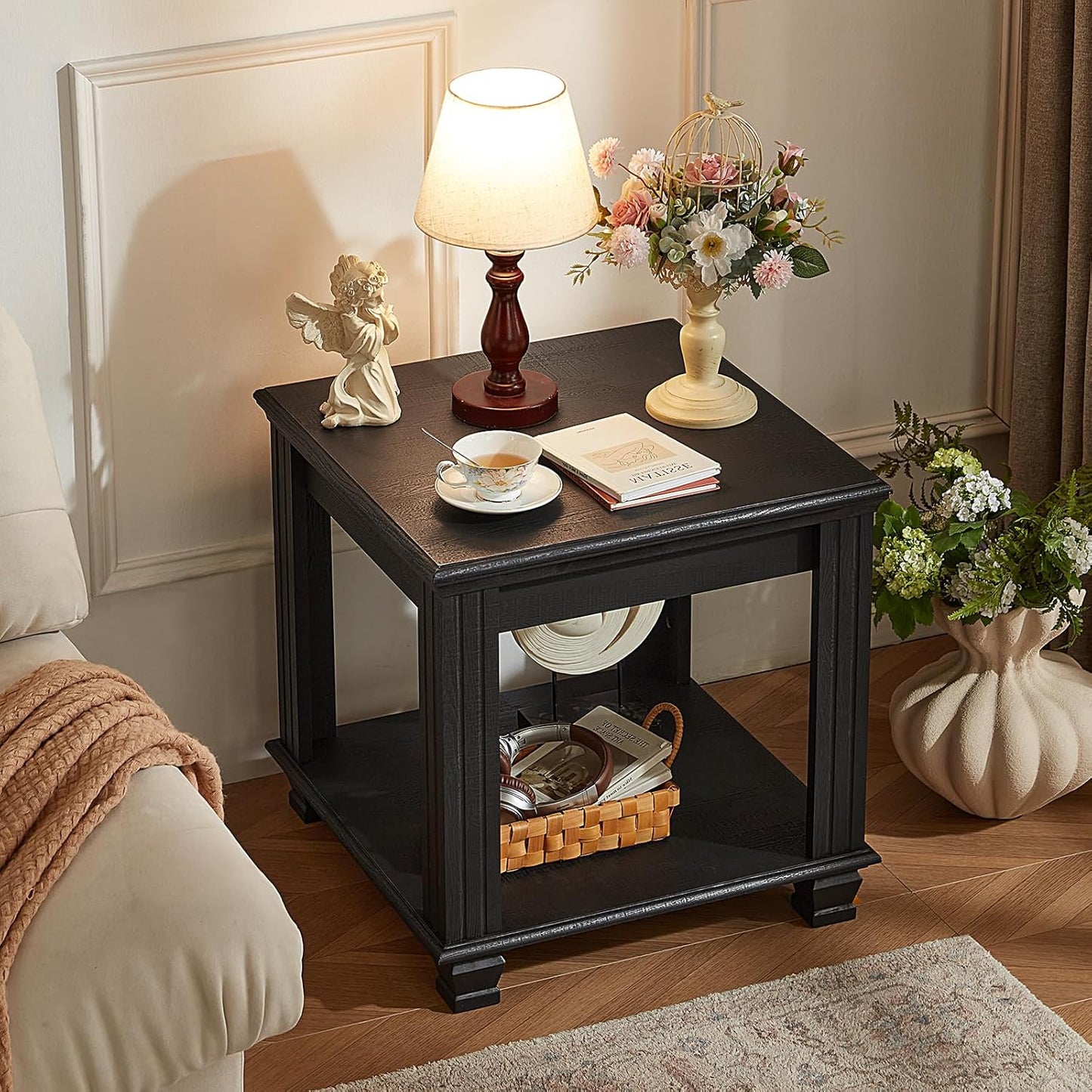 Farmhouse End Table Set of 2,Large Side Table with 2-Tier Storage Shelf,Rustic Wood End Tables for Living Room,Square Tea Table, Black