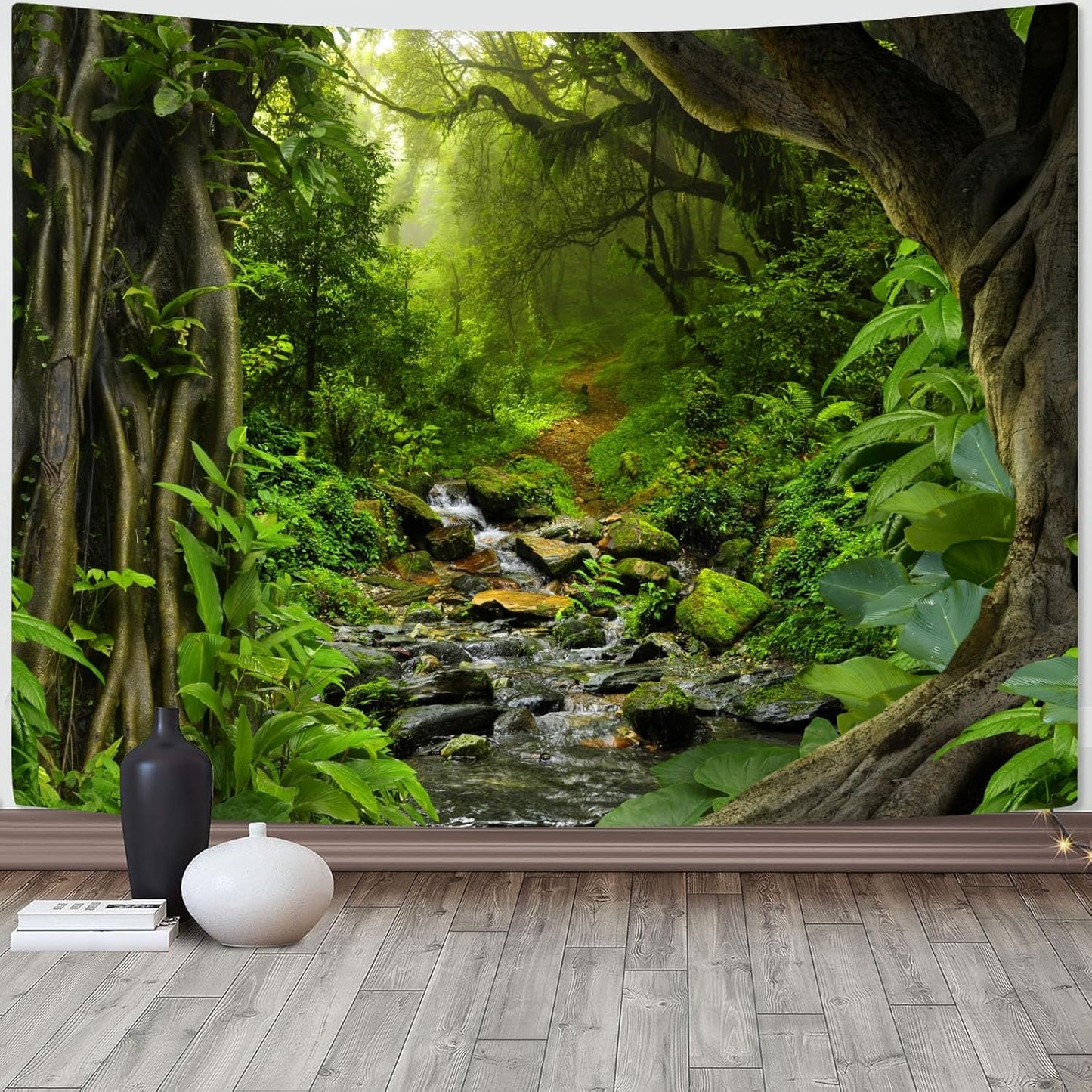 AMM Green Rainforest Tapestry Nature Forest Tapestry for Bedroom Aesthetic Misty Tropical Jungle Trees Flowing Stream Landscape Tapestries Wall Hanging for Living Room Dorm 90 x 68 Inch