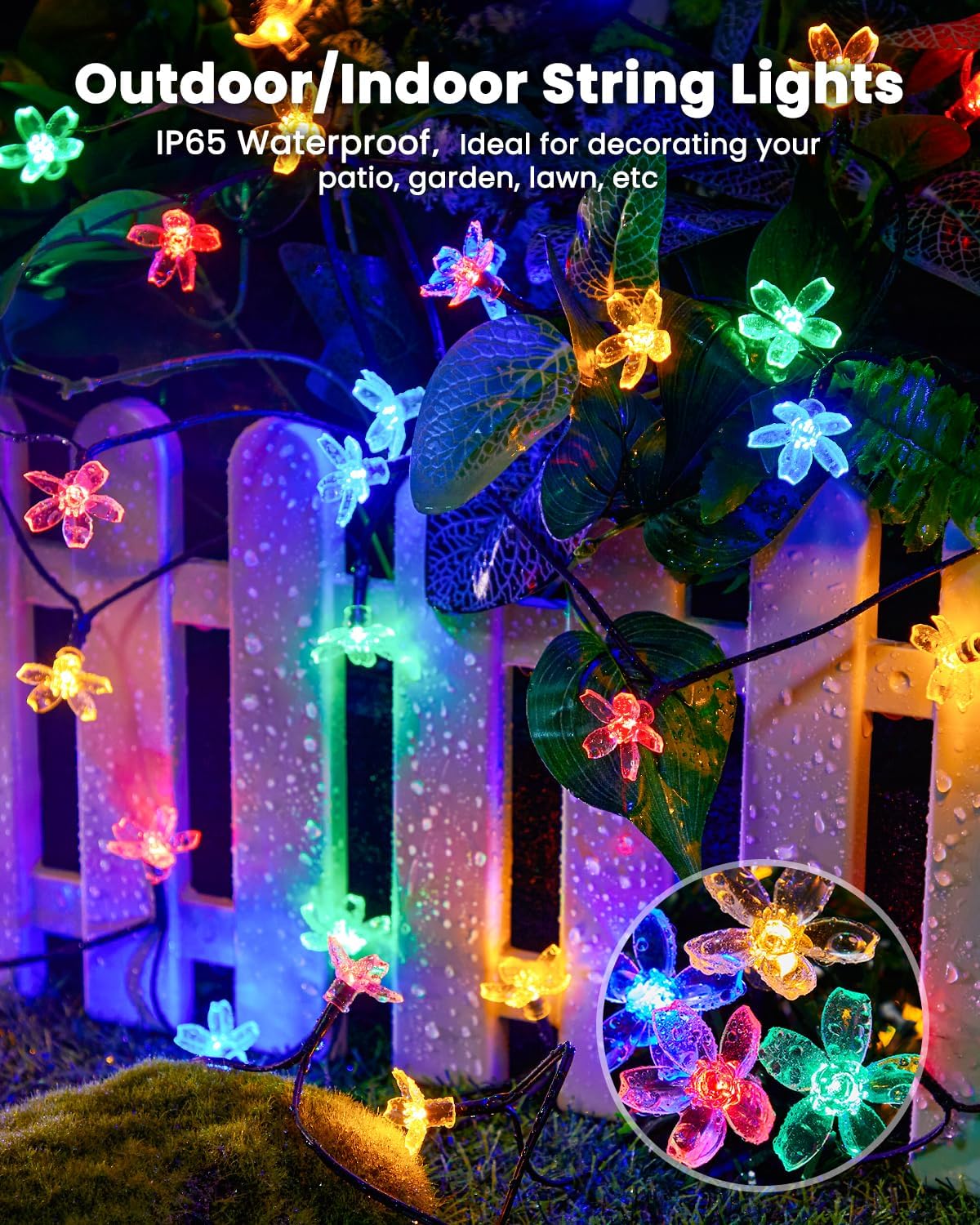 Brightown 2 Pack Total 52FT 120 LED Flower Solar String Lights Outdoor Waterproof Fairy Lights for Garden Yard Fence Patio Christmas Tree Wedding Party Decor, Multicolor
