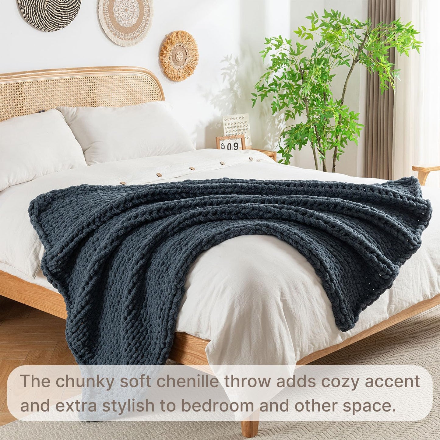 Chunky Knit Blanket Throw, 100% Hand Knit Throw Blanket Handmade Chenille Cable Knit Throw for Couch, Stylish Cozy Soft Rope Knot Crochet Blanket for Home Decor, Blue Mirage, 60x80 Inches