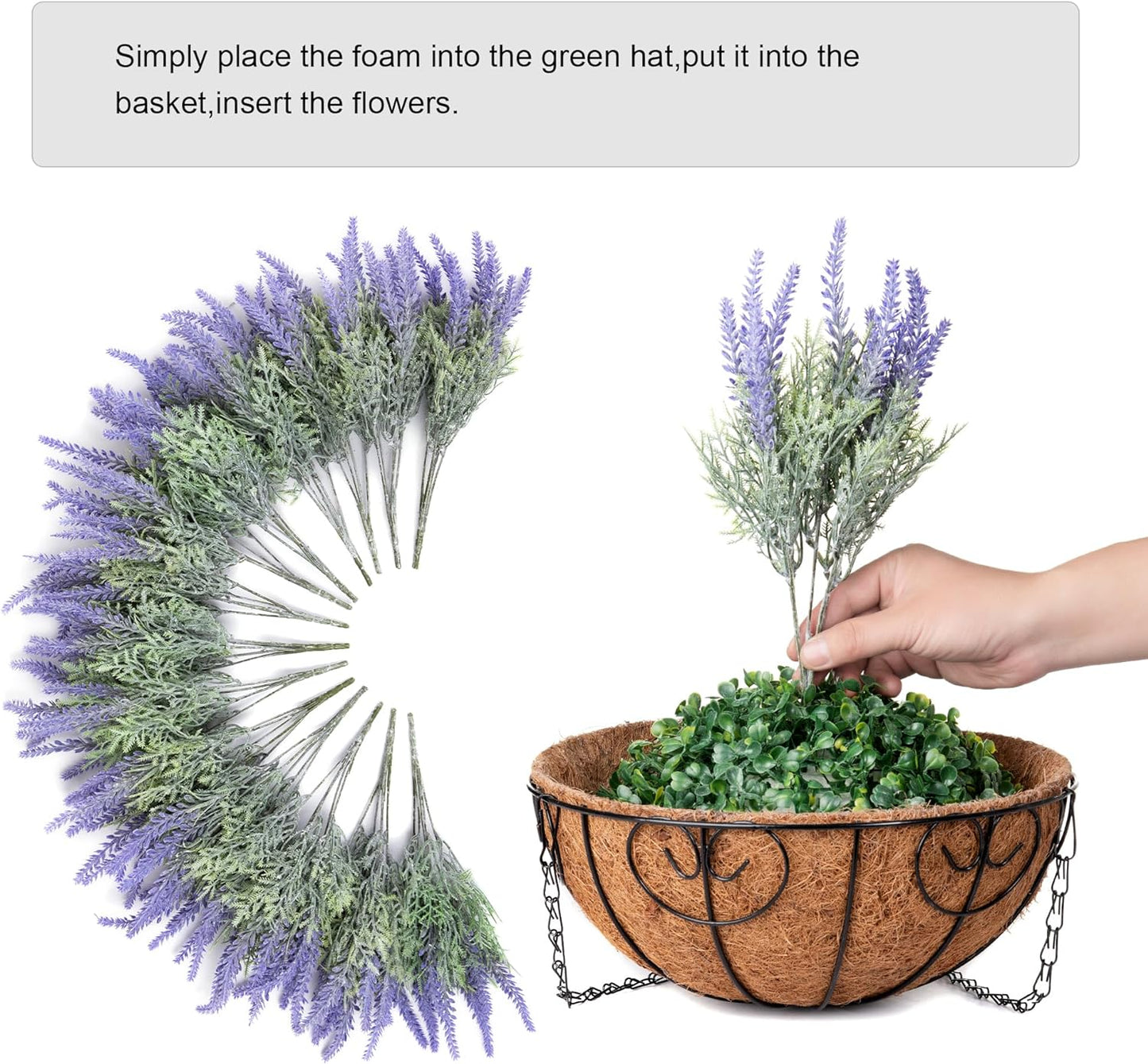 Artificial Hanging Flowers with Basket Fake Summer Lavender for Outdoor Decor, 12 Bundles Faux Purple Outside Decoration Realistic UV Resistant Plants for Porch Balcony Patio Garden Yard