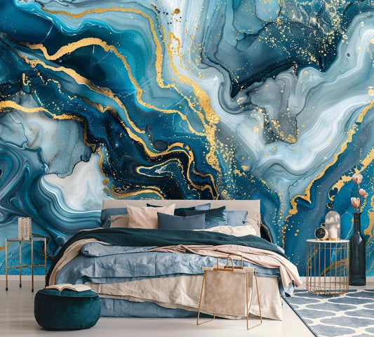 AFZEVEB-Blue and Gold Marble Wallpaper Abstract Art Wall murals for Bedroom 136"x96" (Not Peel and Stick)