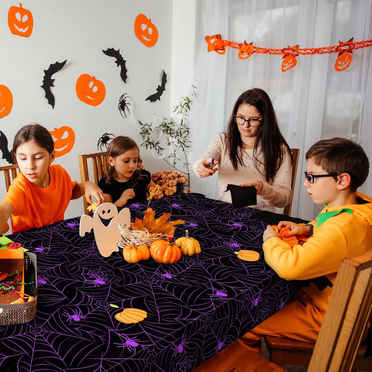 TREWAVE 3 Pack Halloween Spiderweb Tablecloth Rectangular Plastic Spider Web Table Cloth Large Size Table Covers for Home Decor Halloween Party Decorations 54" x 108" (Purple Spider)