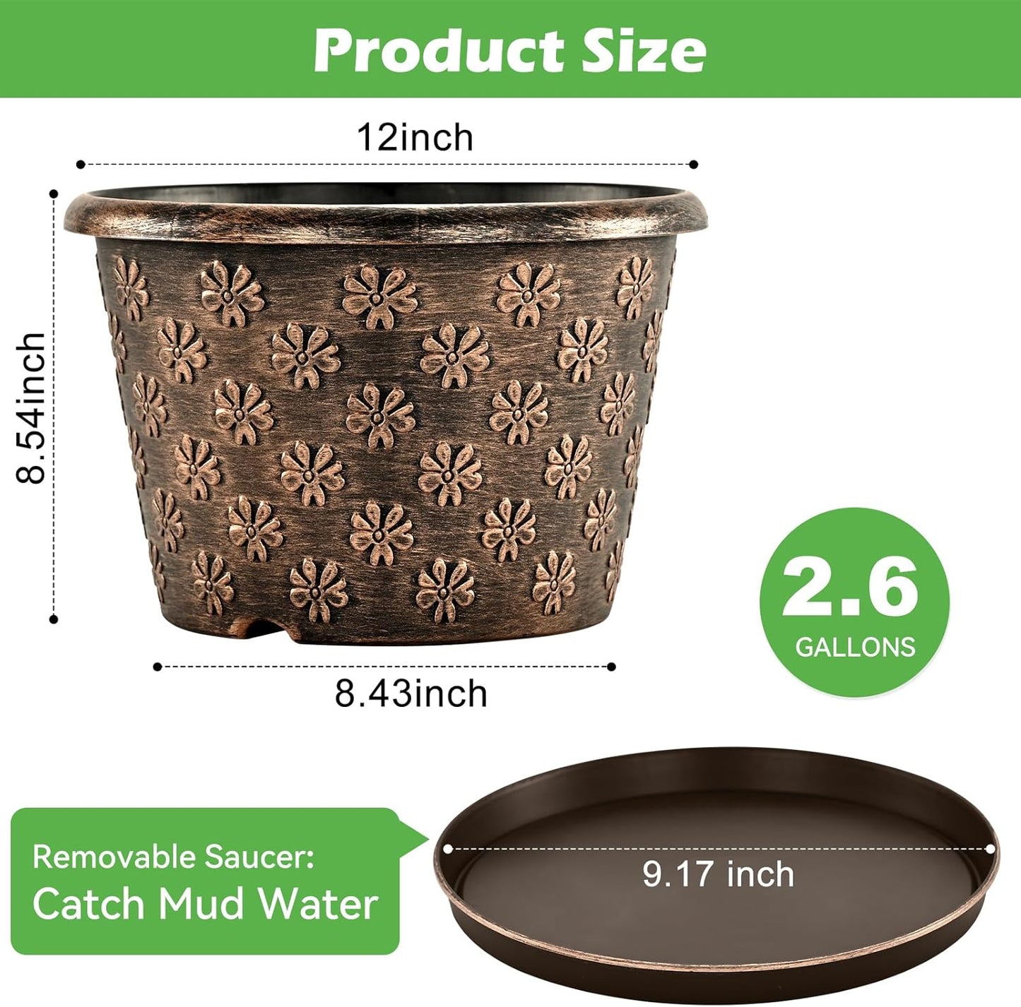 12 Inch Planter Pots for Plants, Plastic Large Flower Pots Indoor Outdoor, 4 Pack Resin Plant Pot with Drainage & Saucer, Retro Decorative Garden Pot with Removable Trays for House