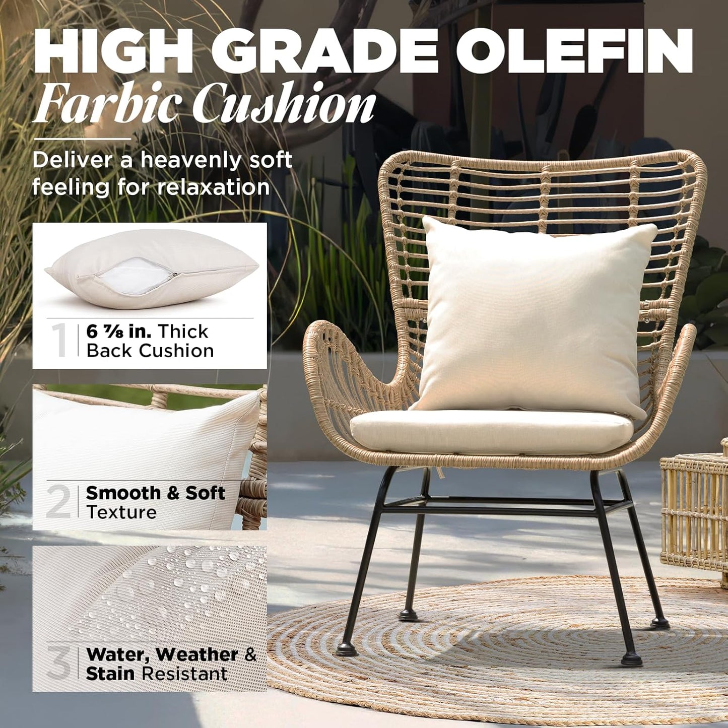 IDZO Isabelle Wicker Chairs Set of 2, 2000 Hours UV Wicker Rattan Chair, 500lbs Capacity Boho Patio Chairs with Thick Olefin Cushions and Pillows for, Indoor Use