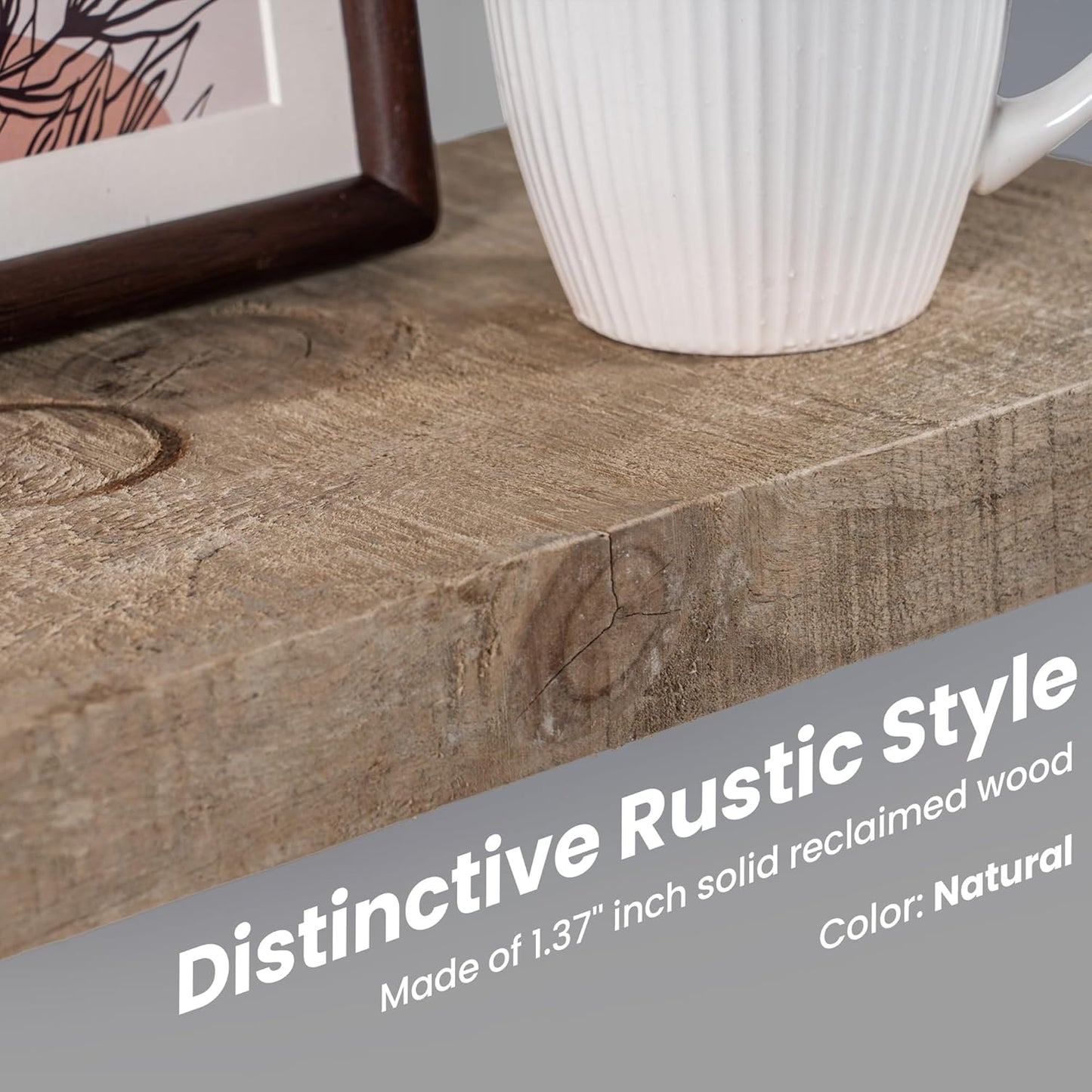 Floating Shelves - 8" Deep Rustic Reclaimed Barnwood Wall Hanging Shelves with Invisible Heavy-Duty Metal Bracket - Wall Mounted - Farmhouse Style - 48 inches, Distressed Natural