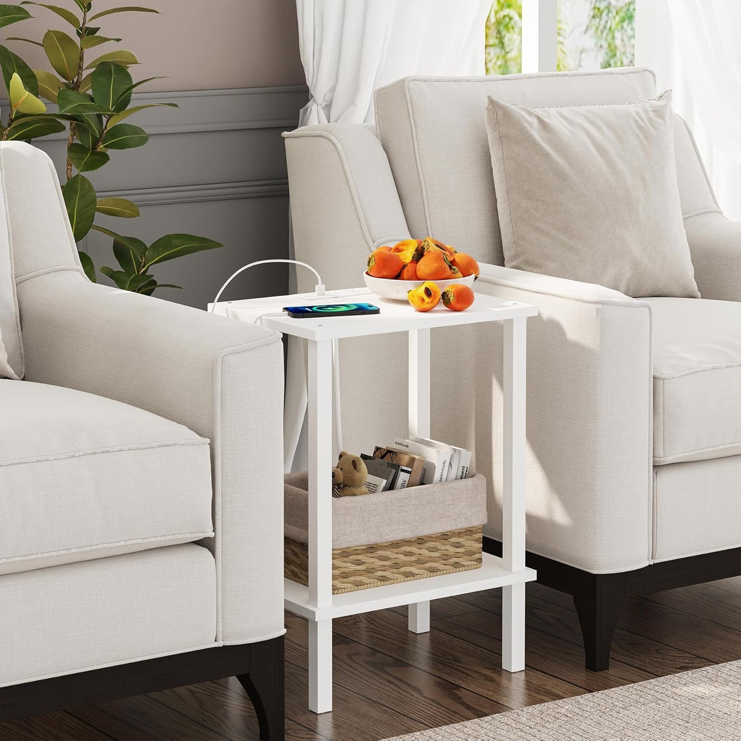 TUTOTAK End Table with Charging Station, Small Side Table with Outlets, Nightstand Bedside Table, 2-Tier Storage Shelf for Small Space, Living Room, Bedroom, White TB01BW040
