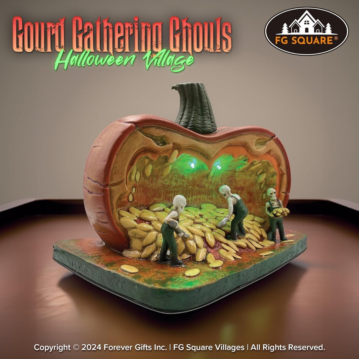 Gourd Gathering Ghouls Pumpkin Theme Spooky Halloween Village Porcelain Colorful LED Lights 7.75" x 6" x 5.75"