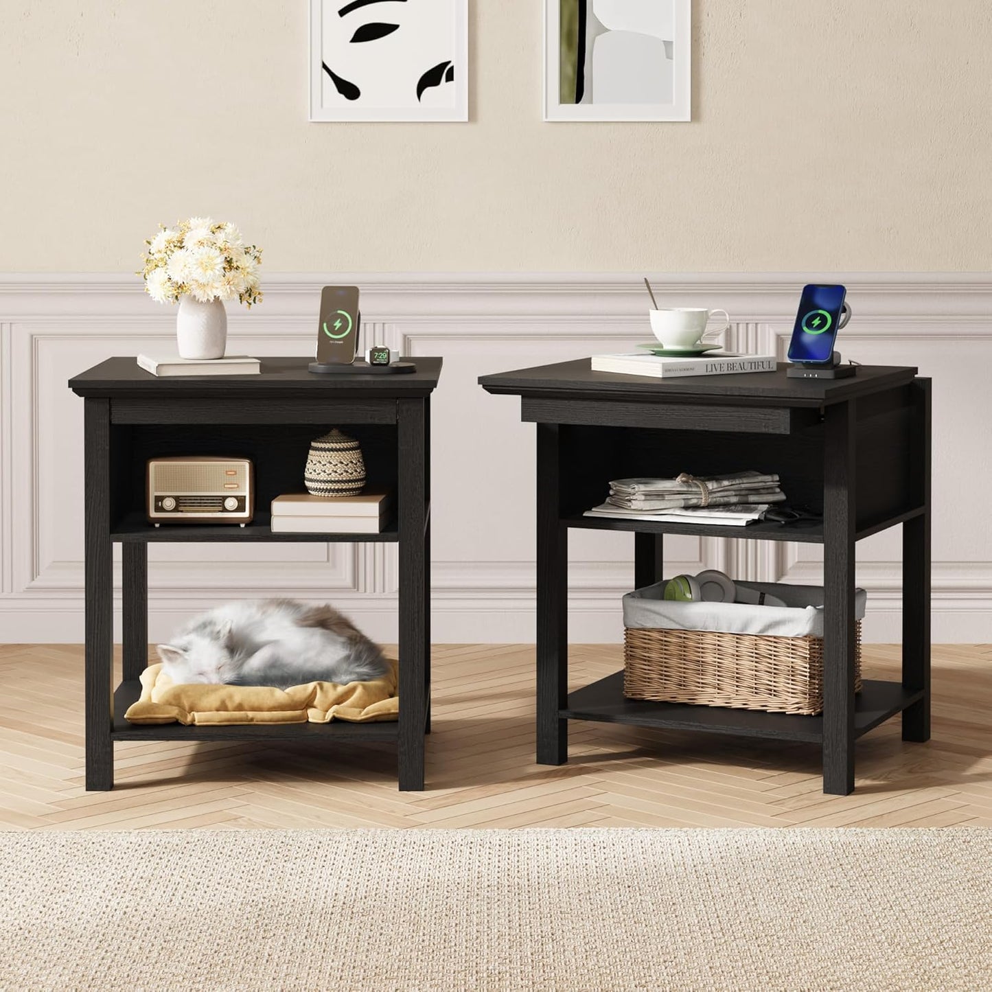 Rresyet Sliding Side Table Set of 2 with Charging Station & 2-Tier Storage,Farmhouse End Table, Wooden Nightstand for Bedroom & Living Room,White (Black)