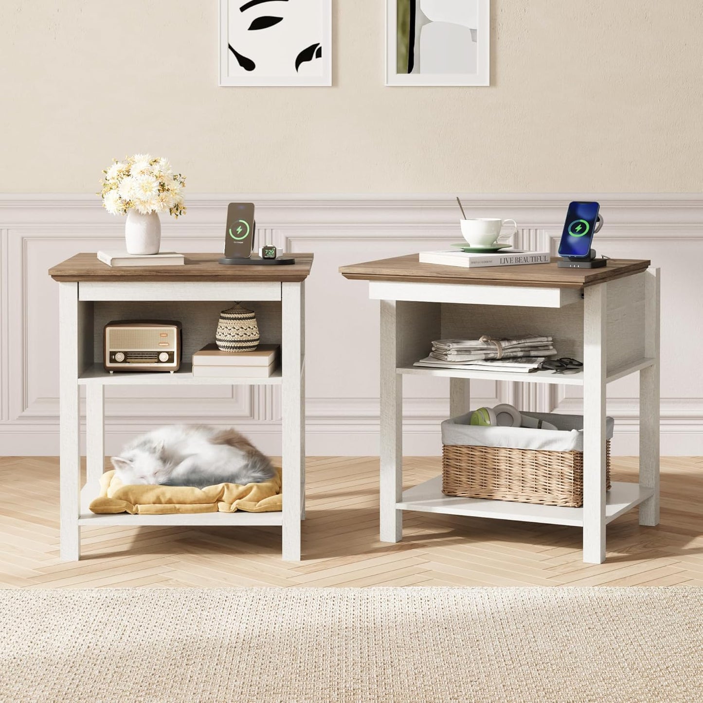 Rresyet Sliding Side Table Set of 2 with Charging Station & 2-Tier Storage,Farmhouse End Table, Wooden Nightstand for Bedroom & Living Room,White