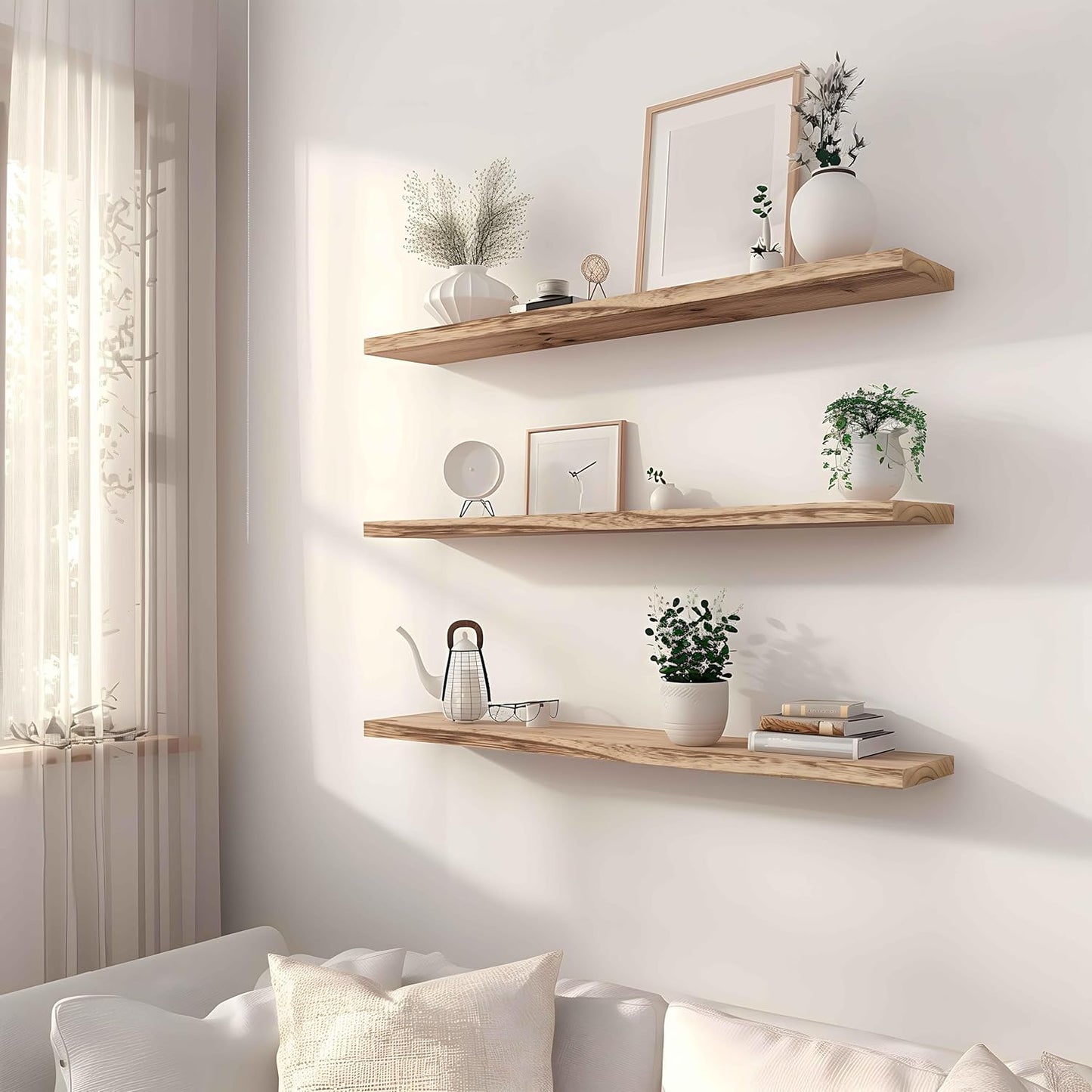 Wood Floating Shelves for Wall, Rustic Wall Shelves for Bedroom, Wall Mounted Floating Shelf, Set of 4 Light Walnut 36 Inch