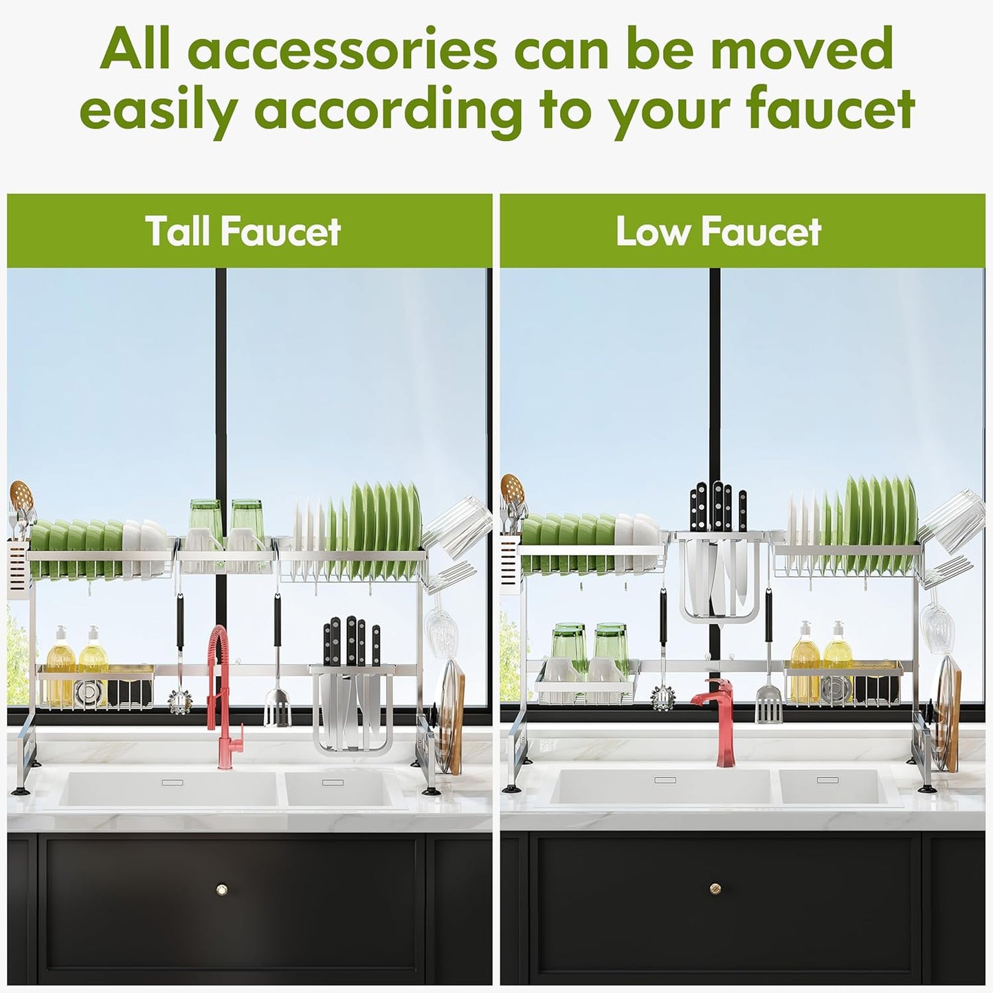 2 Tier Extra Large Stainless Steel Expandable Over The Sink Dish Drainer Drying Rack, Rust Proof Metal, Space Saving, Modern Silver Big Capacity Extendable Plate Strainers Above Kitchen Counter