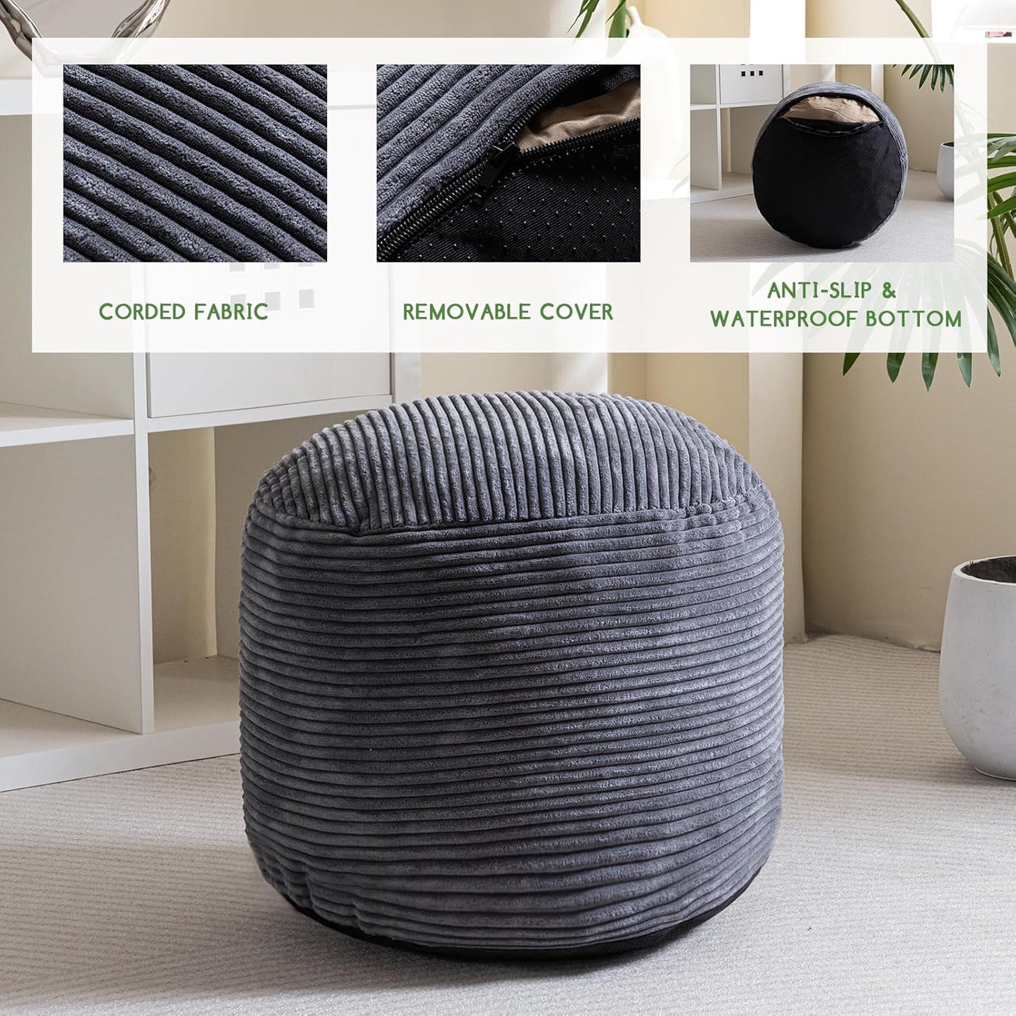 HIGOGOGO Round Stuffed Pouf Ottoman, Corduroy Poufs with Foam Chunk Filling, Furry and Fluffy Pouf Foot Stool Storage Ottoman, 20 X 15 Floor Poufs Foot Rest for Living Room, Dark Grey