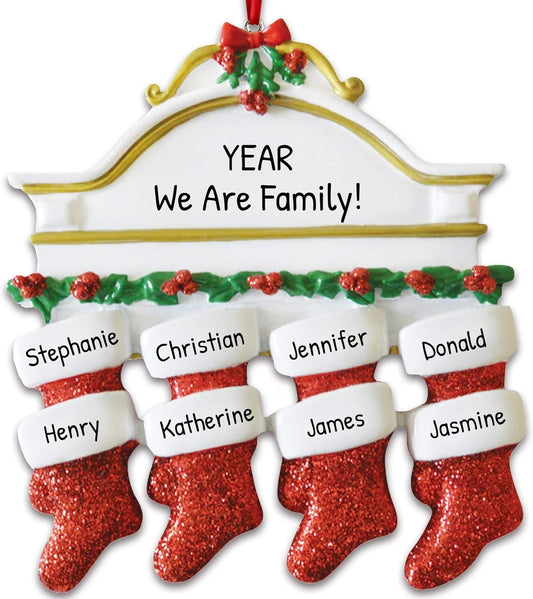 3D White Mantle Family of 8 Christmas Ornament 2025 Personalized Family Christmas Ornaments 2025 | Garland Fireplace Personalized Tree Ornaments Customizable Gifts Red Stockings of Eight Ornament