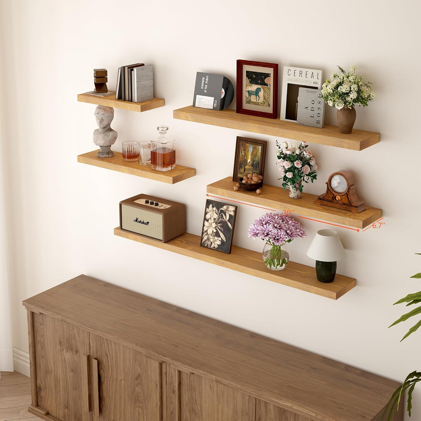 BGMG Wood Floating Shelves for Wall 30 inch Set of 2, Rustic Wooden Wall Mount Shelves for Living Room Bedroom Kitchen Farmhouse 2-30x6.7x1.25 inch- Gold Oak