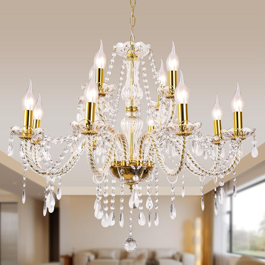Modern Elegant 12 Lights K9 Crystal Glass Chandelier Golden Pendant Ceiling Lighting European Style for Dining Living Room Bedroom Transparent,12 E12 Bulbs Required