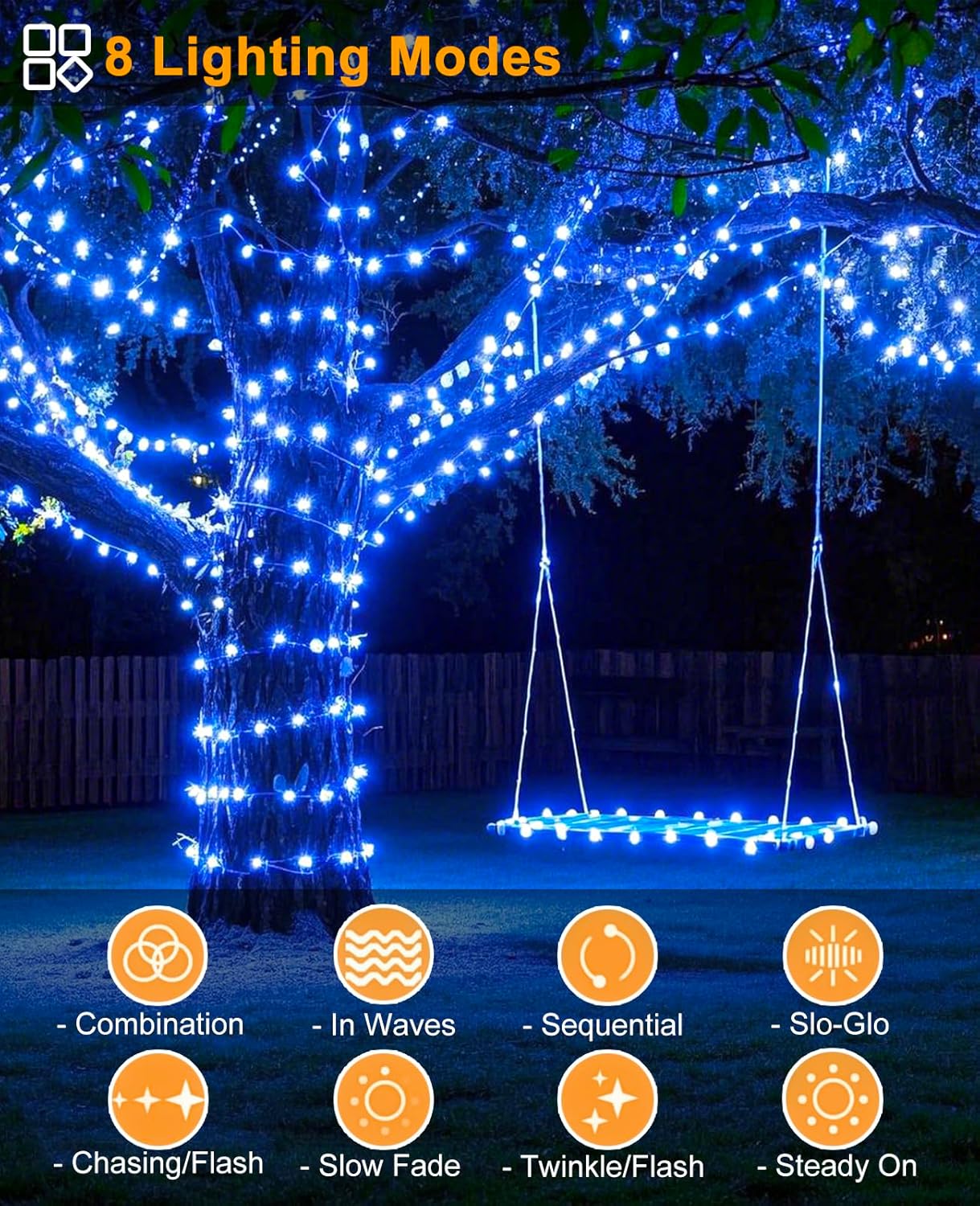 40FT 120 LED Christmas Lights Outdoor, Green Wire Christmas Tree Lights with 8 Modes & Waterproof, Connectable Plug in String Light for Indoor Bedroom Yard Party Wedding Decorations, Blue