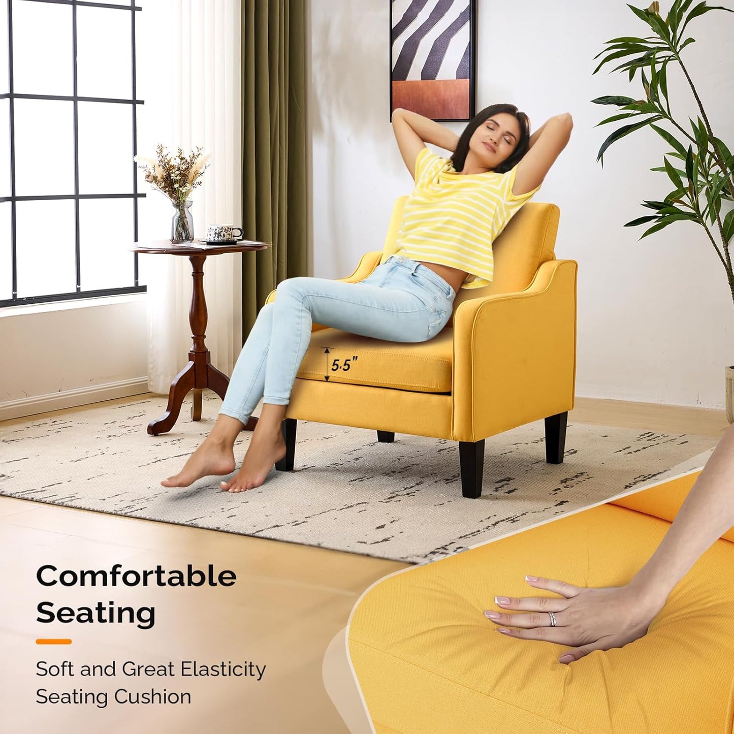 VINGLI Accent Chairs Set of 2 Living Room Chairs Yellow Reading Chair for Bedroom Scooped Arm Chair Mid Century Modern Accent Chairs Upholstered Comfy Chair for Apartment, Waiting Room