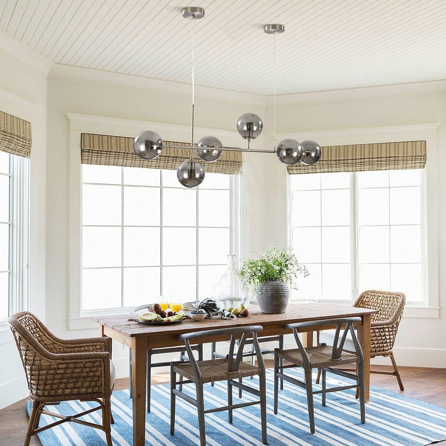 KCO Modern 6-Light Ceiling Pendant Lighting Mid-Century Glass Globes Sputnik Pendant Lamp Hanging Adjustable Chandelier for Kitchen Island Living Dining Room (Silver+Smoke Grey)