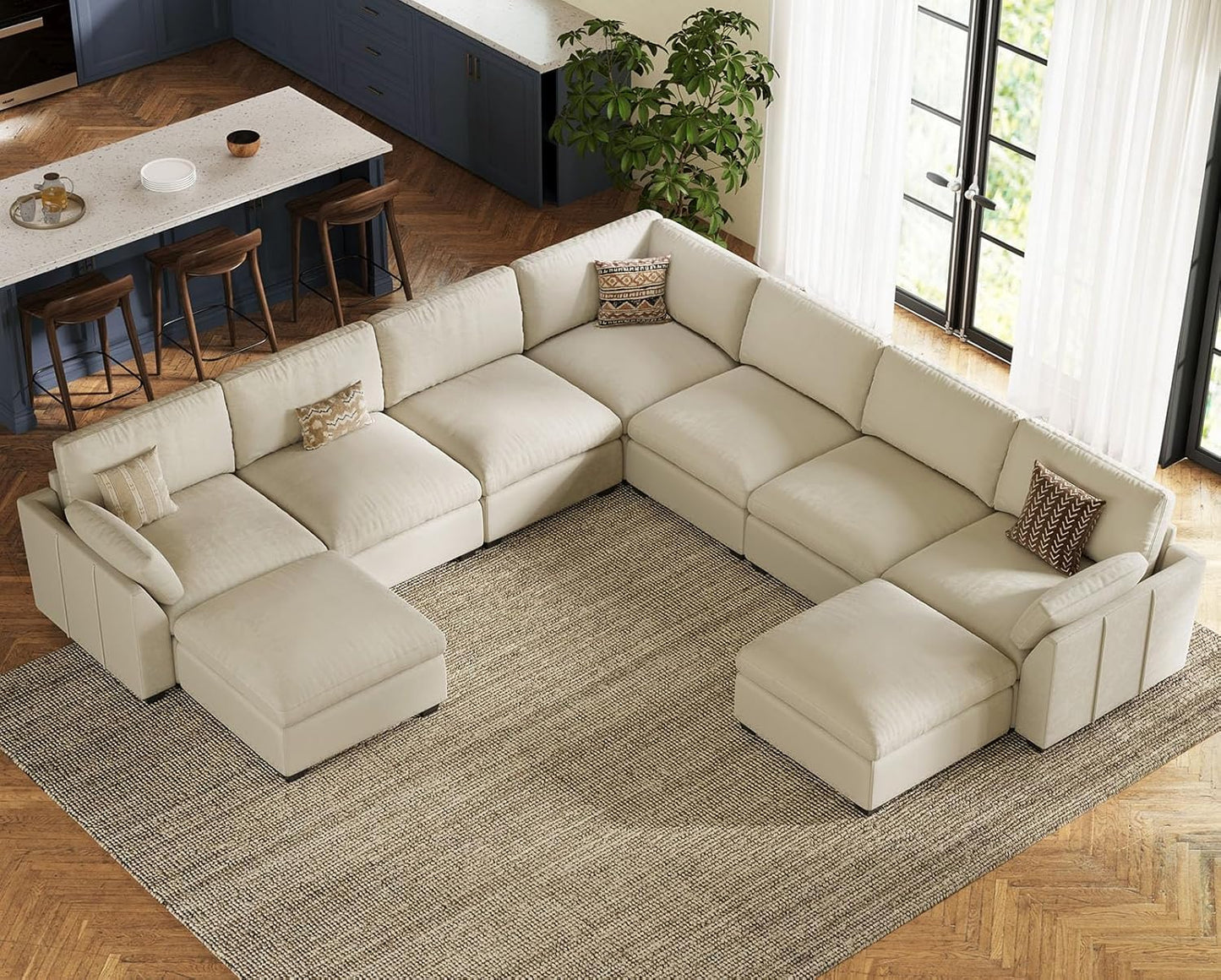 Belffin Oversized Sectional Couch with Movable Ottoman,Modern 137.8" 9-Seater Modular Sectional Sofa,Convertible Velvet U Shaped Sectional Couches for Living Room,Beige