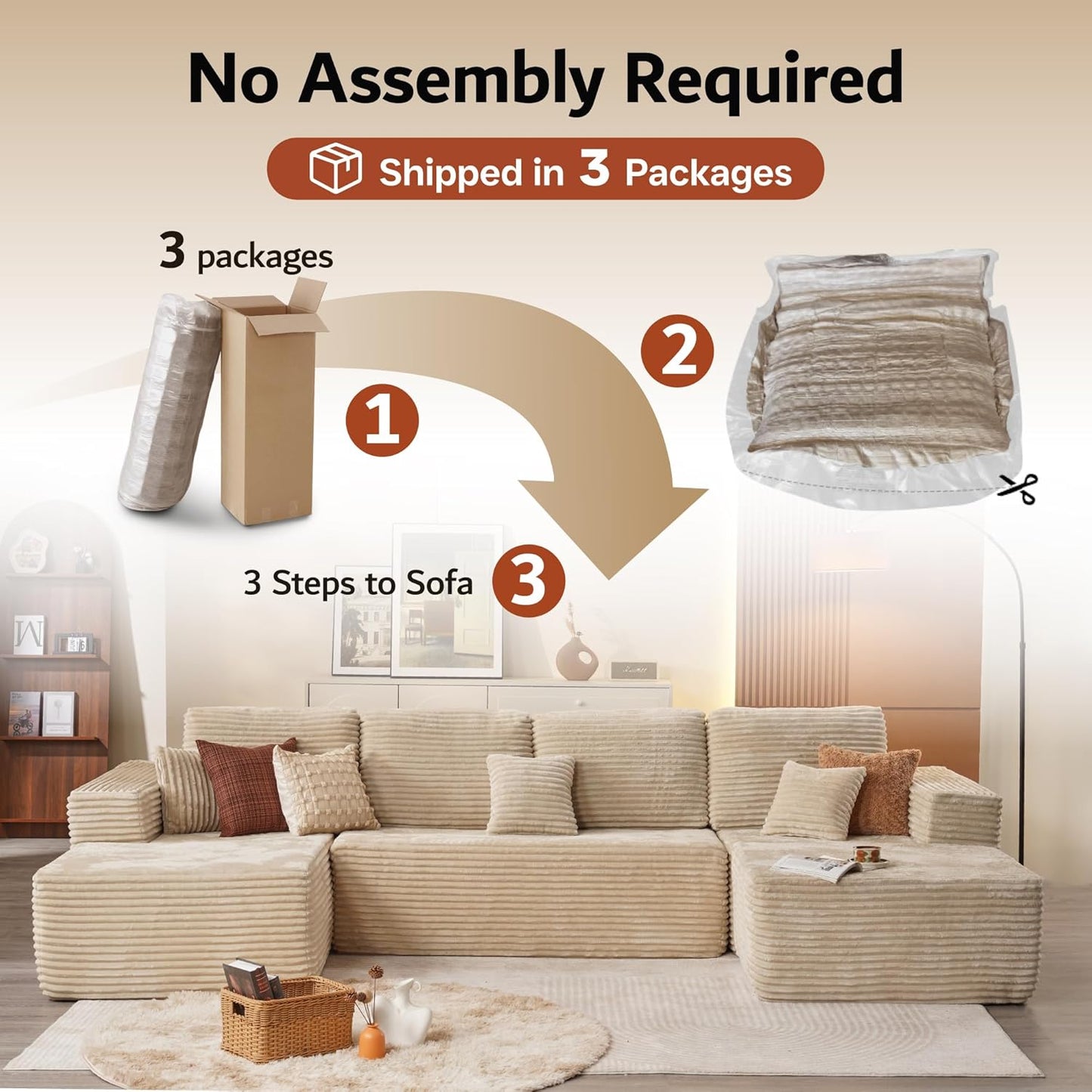 ovios Sectional Cloud Couch for Living Room, Modular Floor Sofa with Plush Corduroy, No Assembly Required, Big Comfy Couches Set with Fluffy Memory Foam, Stupendous U Shaped Sofas with Chaise, Grey