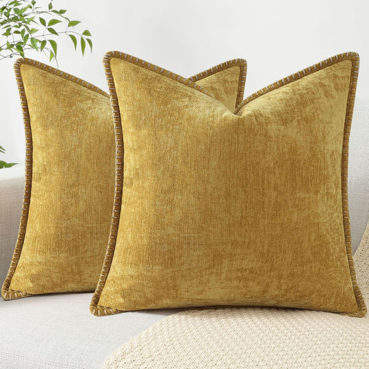 decorUhome Chenille Soft Throw Pillow Covers 20x20 Set of 2, Farmhouse Velvet Neutral Decorative Euro Pillow Covers with Stitched Edge for Couch Sofa Bed Home Decor, Mineral Yellow