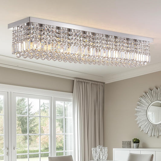 Luxury Lighting Fixture Chandelier Rectangular with Raindrop Crystals Pendant Light Fixture 10-Lights Modern Crystal Rectangle Flush Mount Chandelier for Living Room Dining Room Bar L47 Inch