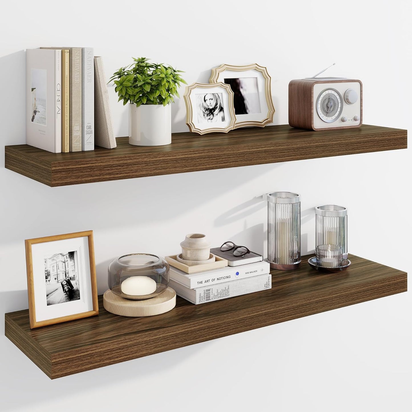 Marsmiles 36" Floating Shelves for Wall, Wooden Shelves with Invisible Brackets Set of 2, Rustic Farmhouse Wall Mounted Shelf for Kitchen Bathroom Living Room Study, Walnut