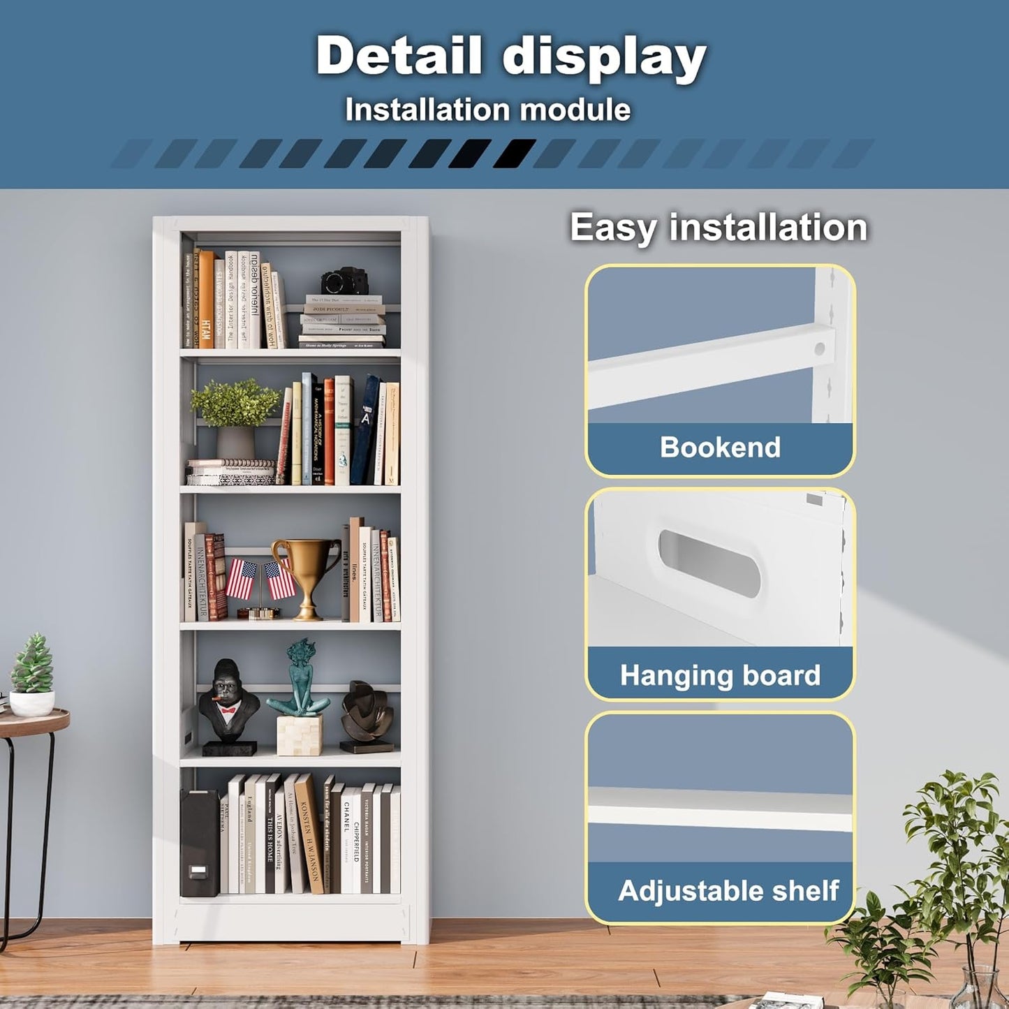 Skinny Bookshelf, 5-Tier Narrow Bookcase, 69” Tall Slim Book Shelf, Heavy Duty Book Case with Adjustable Shelves, Corner Thin Book Shelf for Heavy Books, Office, Home, Library (White)
