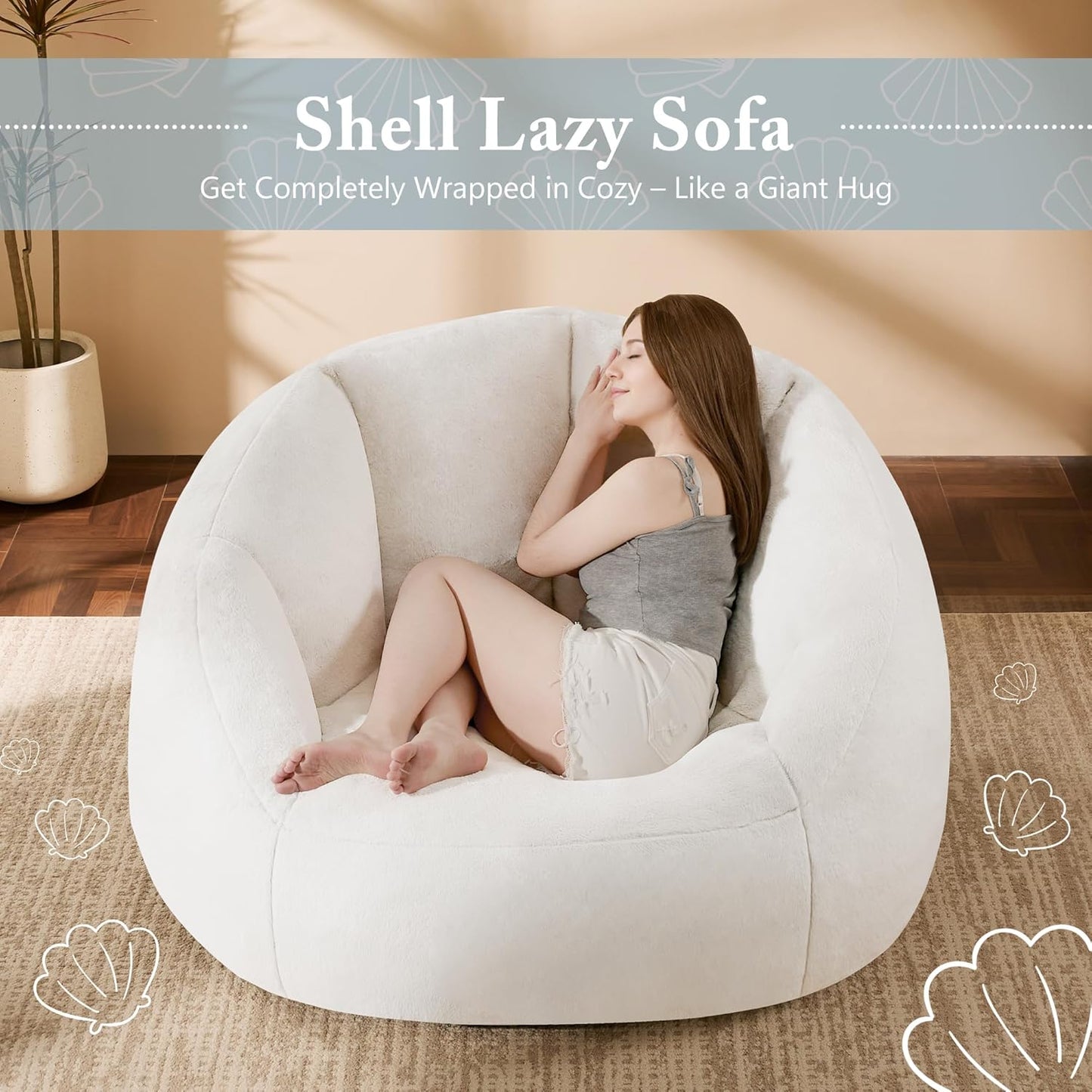 Giant Bean Bag Chair for Adults - Comfy Plush Round Shell Soft Accent Chair, Oversized Cozy Lounge Floor Sofa Reading Chair, Mini Couch for Living Room, Bedroom & Game Rooms, Beige