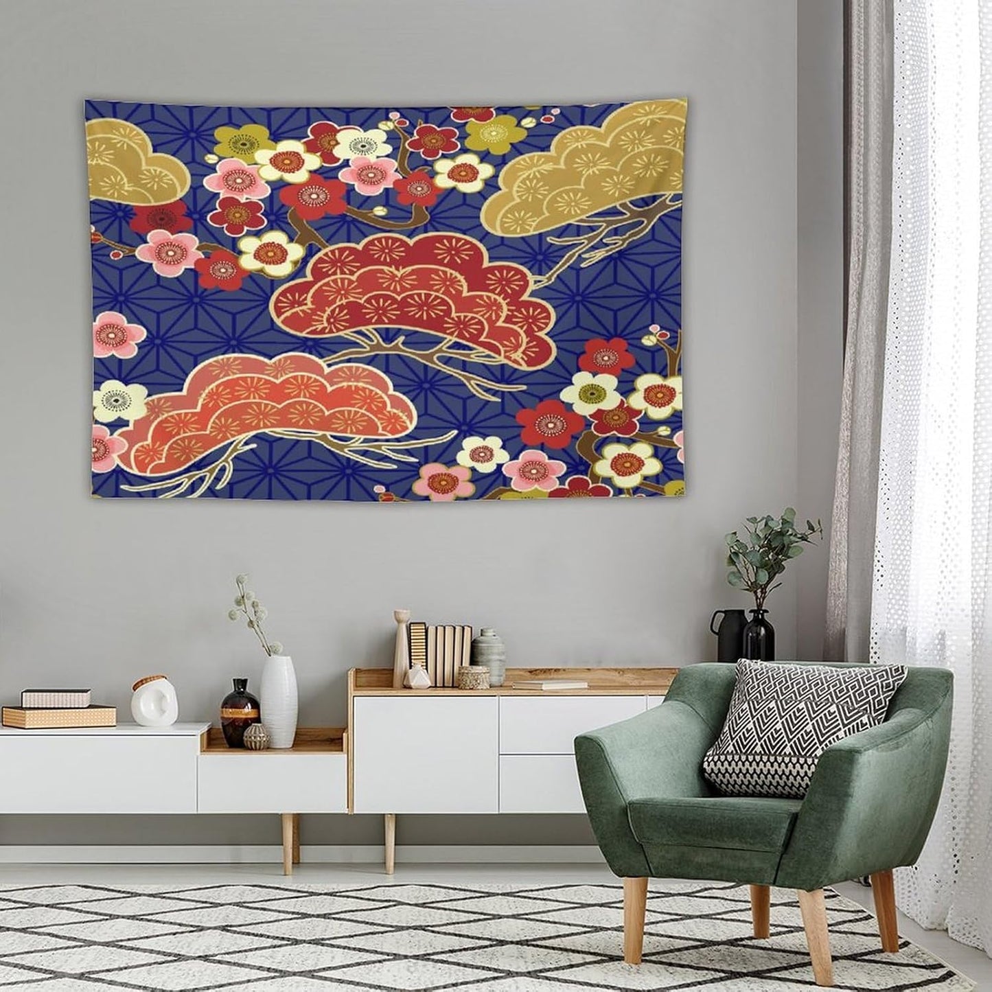 HZOHNAGO Japanese Tapestry Art Abstract Colorful Cherry Blossom Blue Background Pattern Printed Wall Tapestry Painting Wall Hanging for Bedroom Living Room Dorm 90" W x 60" H