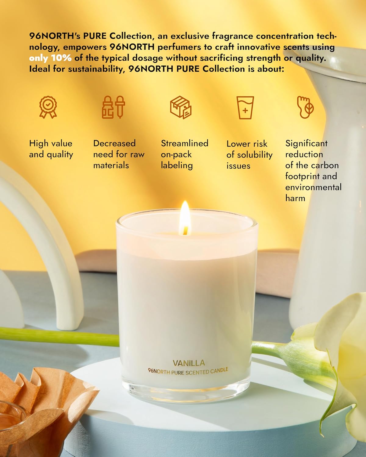 96NORTH | Pure Vanilla Candle | 100% Natural Soy Wax | One Wick Jar Candle | Natural Fragrance Technology | Non Toxic | Up to 35 Hours Burning Time | Aromatherapy Gift for Men and Women