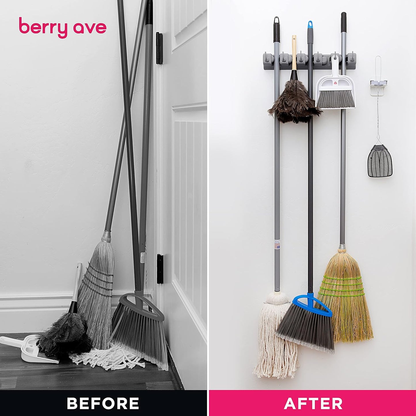 Berry Ave Broom Holder & Wall Mount Garden Tool Organizer- Kitchen, Closet, Garage & Laundry Room Storage With 5 Slots And 6 Hooks- Wall Holder For Broom, Rake & Mop Handles Up To 1.25” [Gray, 2 Pack]