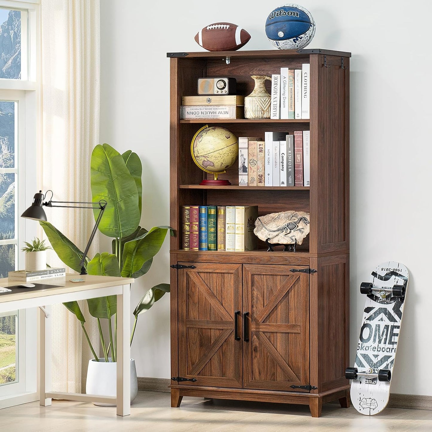 70in Tall Bookshelf 5 Tier Bookcase with Barn Doors and Adjustable Shelves, Brown Farmhouse Book Shelf with Storage Cabinet, Wood Freestanding Display Bookshelves for Bedroom, Kitchen (2PCS)