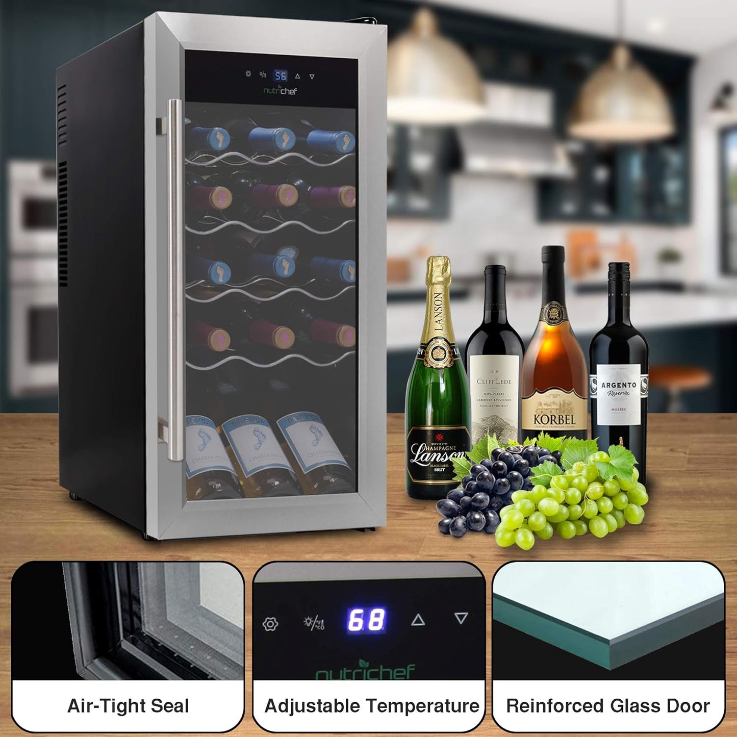 NutriChef PKCWC18 Slim Wine Fridge 18 Bottle Mini Beverage Chiller Adjustable Temp Control, 30x13x17 IN, Black