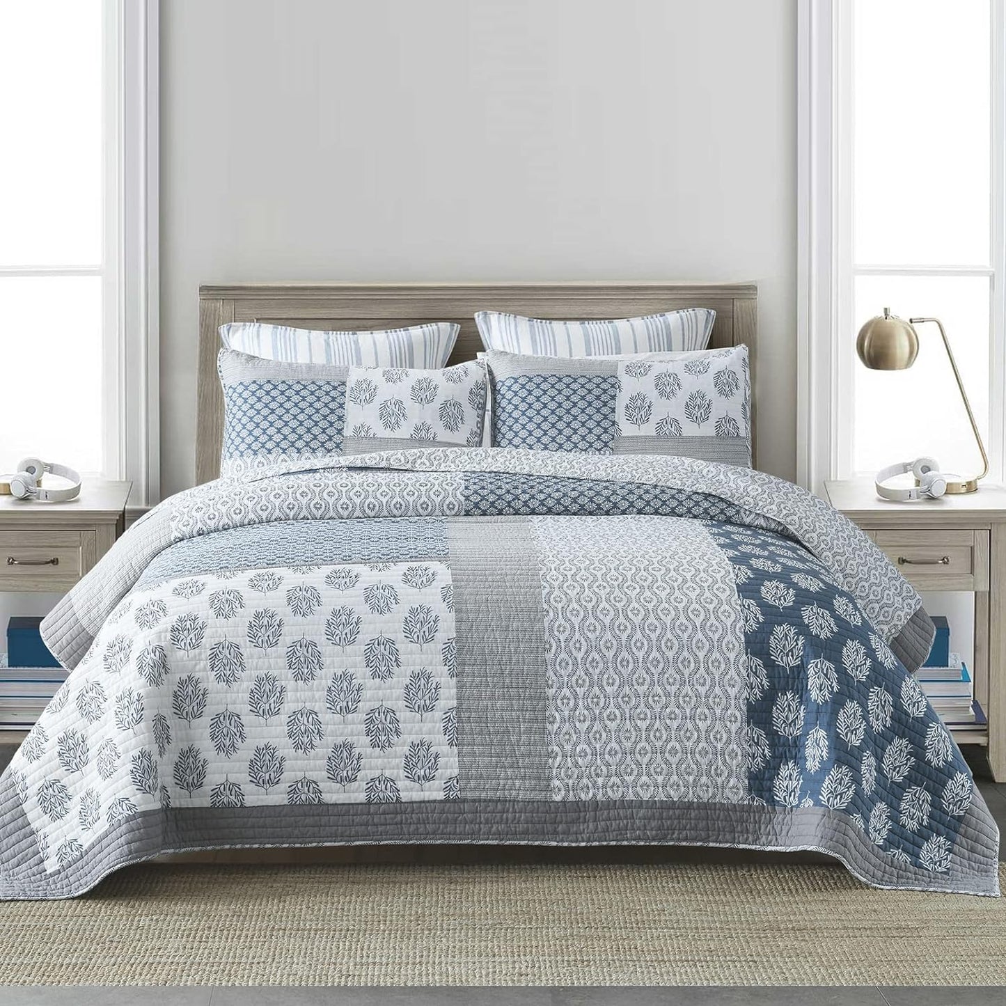 PANGUSHAN Quilt Set Queen Size, 100% Cotton Bedspread Quilt Bedding Set, Patchwork Reversible Floral Quilt for Queen Bed, Blue/Grey/White Bed Spread, Lightweight Comforter for All Season, 3 Pieces