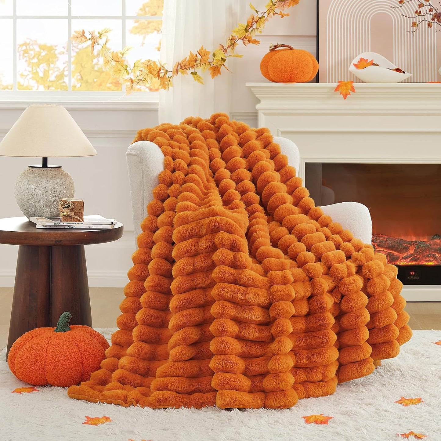 Cozy Bliss Fall Harvest Faux Fur Throw Blanket for Couch, Cozy Warm Plush Striped Blanket for for Decorating Couch Sofa Bedroom Living Room,60 * 80 Inches Burnt Orange