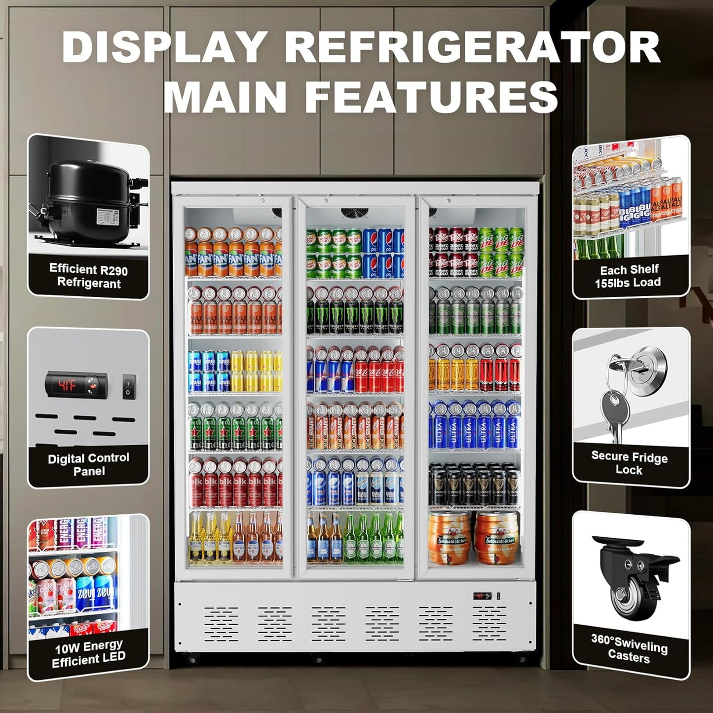 40.5 Cu.ft. Commercial Refrigerators 3 Glass Door Beverage Refrigerators Commercial Fridge Upright Cooler with Soft LED Light and 15 Adjustable Shelves for Restaurant Grocery Stores Home