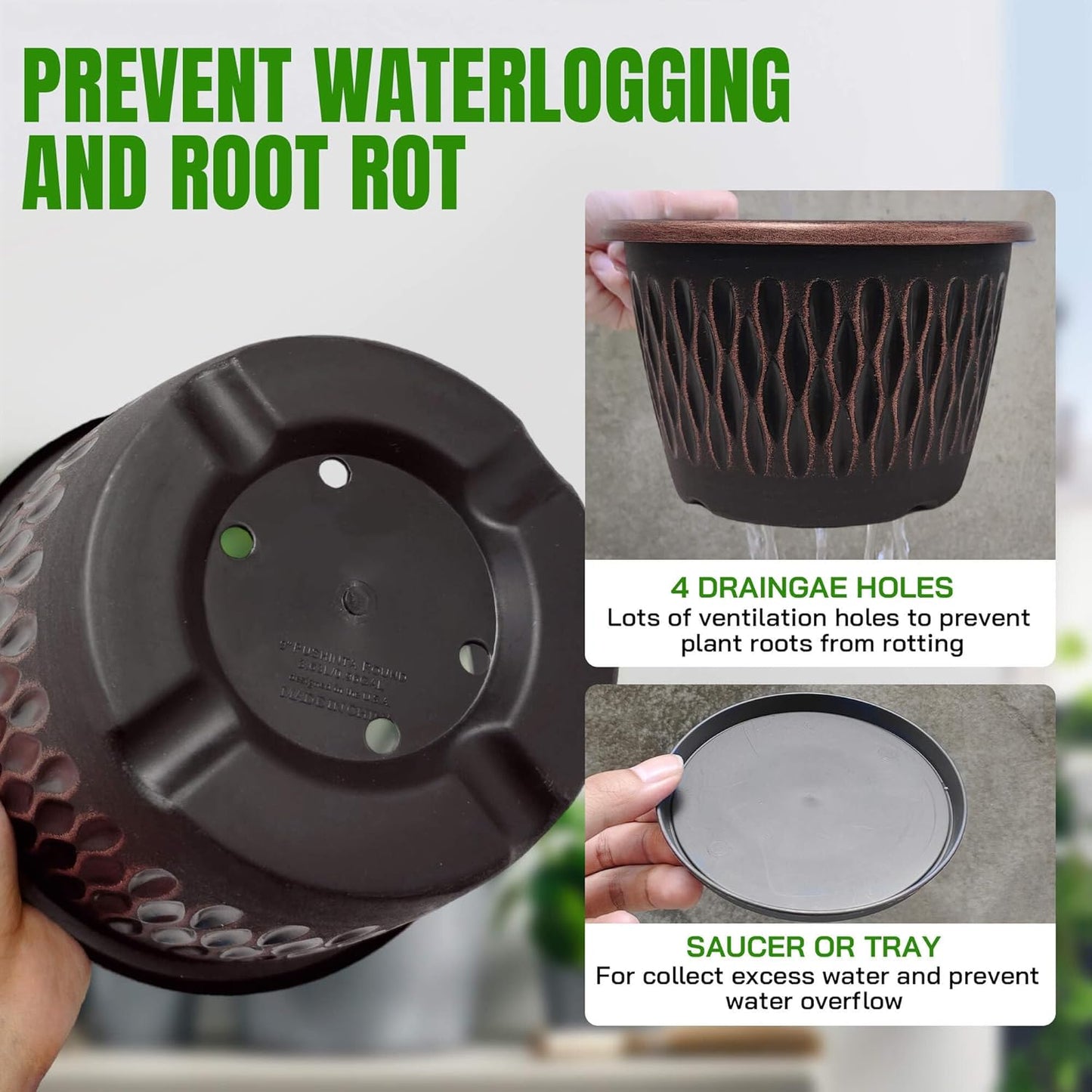 6 Pack 8 Inch Retro Plant Pots, Vintage Striped Flower Pots with Drainage Hole & Saucer, Large Plastic Planters for Indoor and Outdoor Plants, Decorative Garden Pots(Copper)