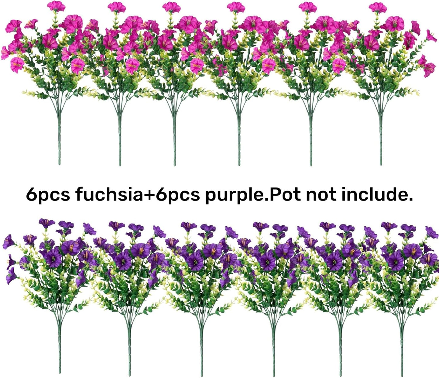 Artificial Flowers for Outdoors Fake Plants Outside Decoration, 12 Bundles Silk Colorful Morning Glory with Eucalyptus UV Resistant Realistic Faux Flowers for Planter Porch Patio Yard Garden