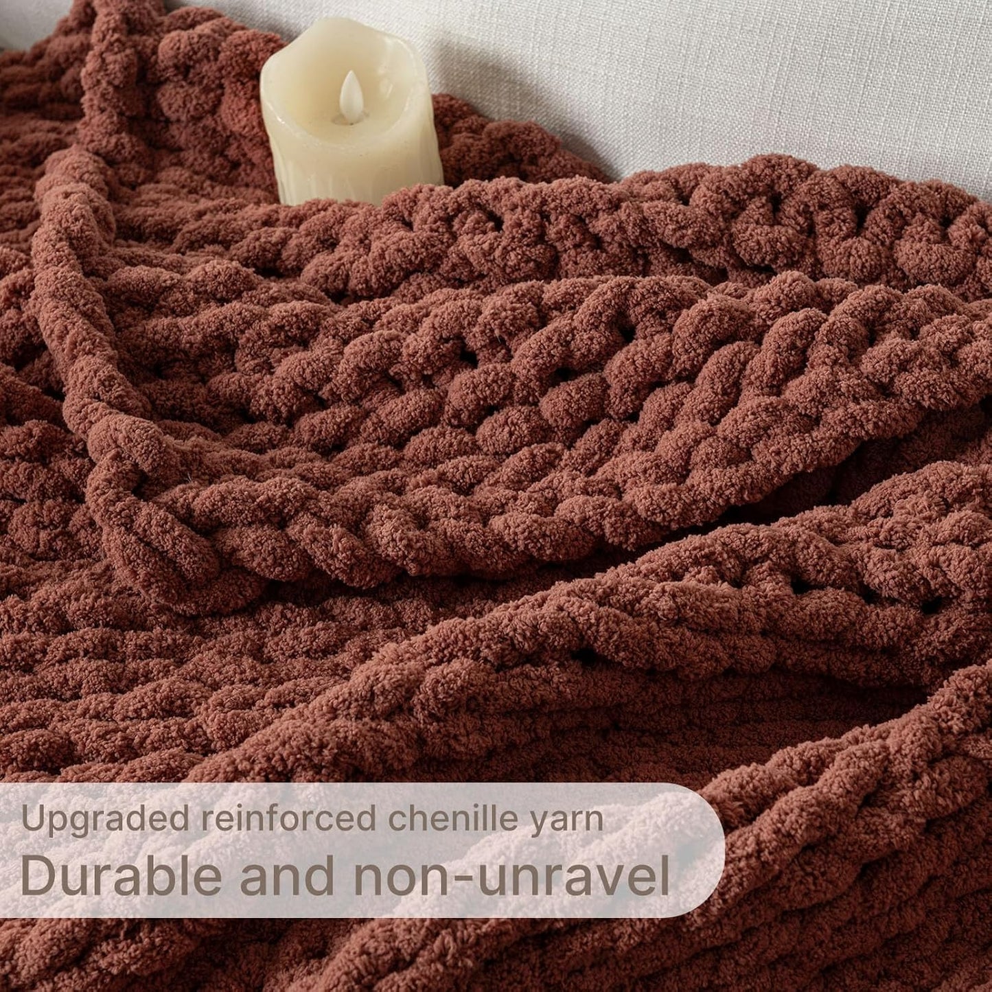 Chunky Knit Blanket Throw, 100% Hand Knit Throw Blanket Handmade Chenille Cable Knit Throw for Couch, Stylish Cozy Soft Rope Knot Crochet Blanket for Home Decor, Copper Brown, 40x50 Inches
