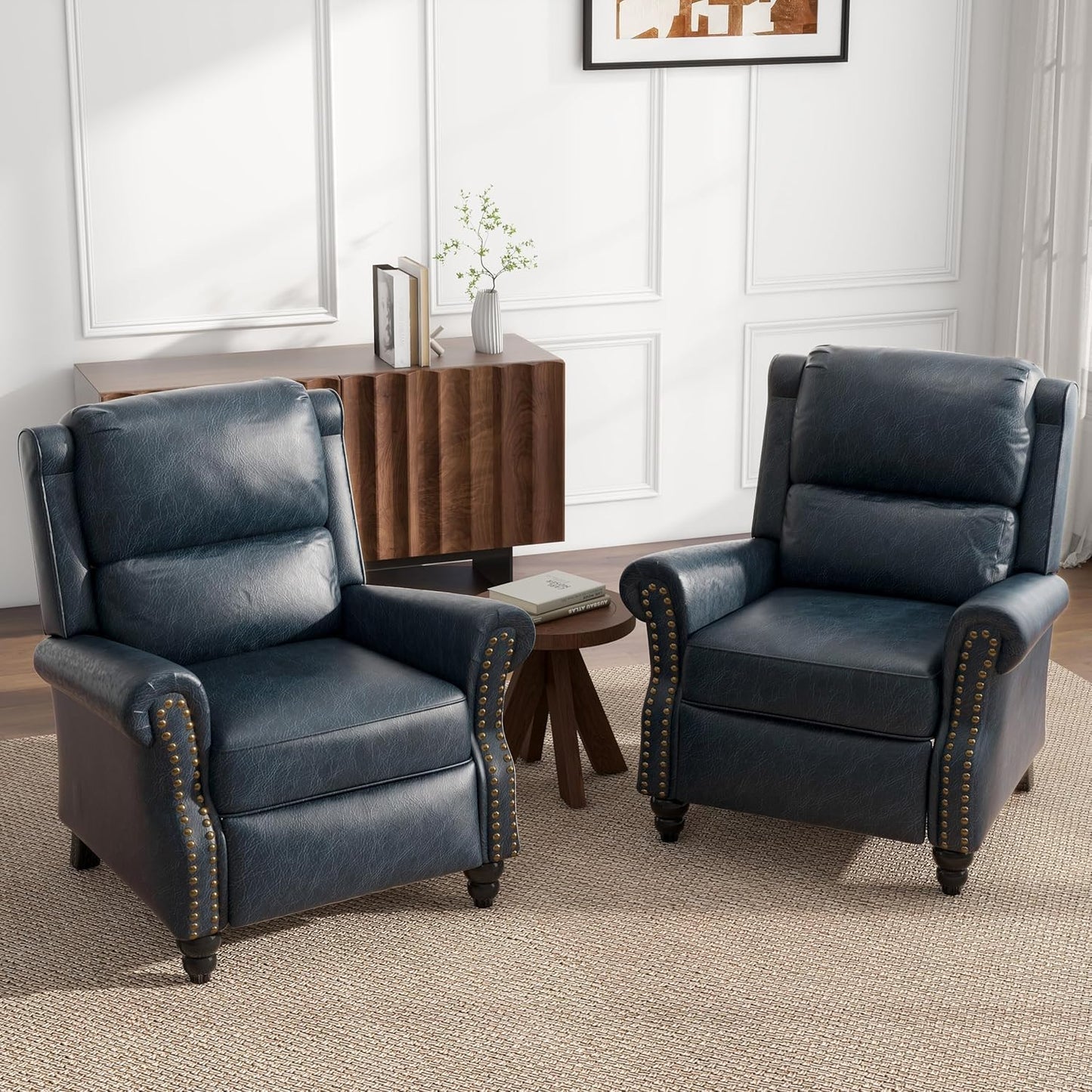 UIXE Faux Leather Recliner Chairs Set of 2, Pushback Armchair Overstuffed Accent Chair for Living Room, Rivet Trim Club Chair Home Theater Bedroom Reading Seat - Navy Blue