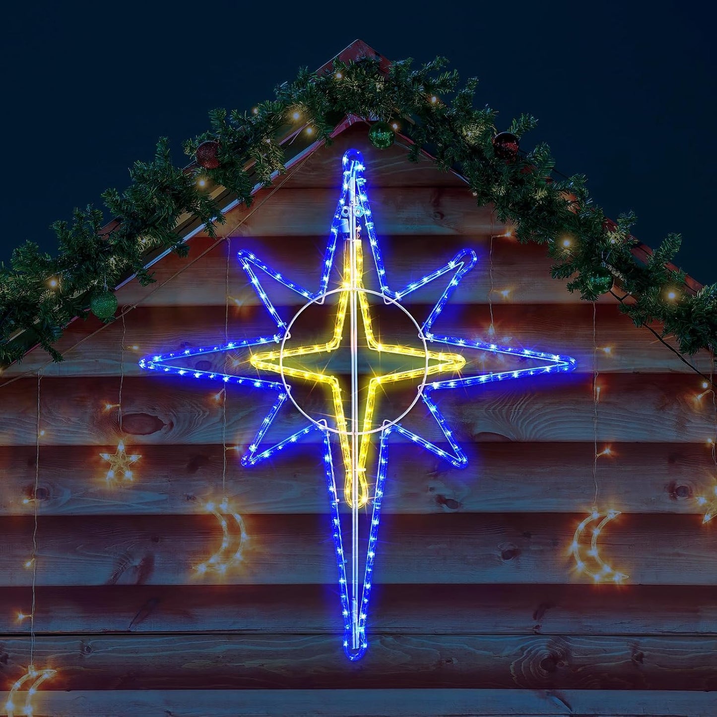 51'' Christmas Star of Bethlehem LED Star Hanging Lights Nativity Holy Family Light for Door Window Porch Wall Decoration Plug Operated Lighted Hanging Tree Topper(Blue, White)