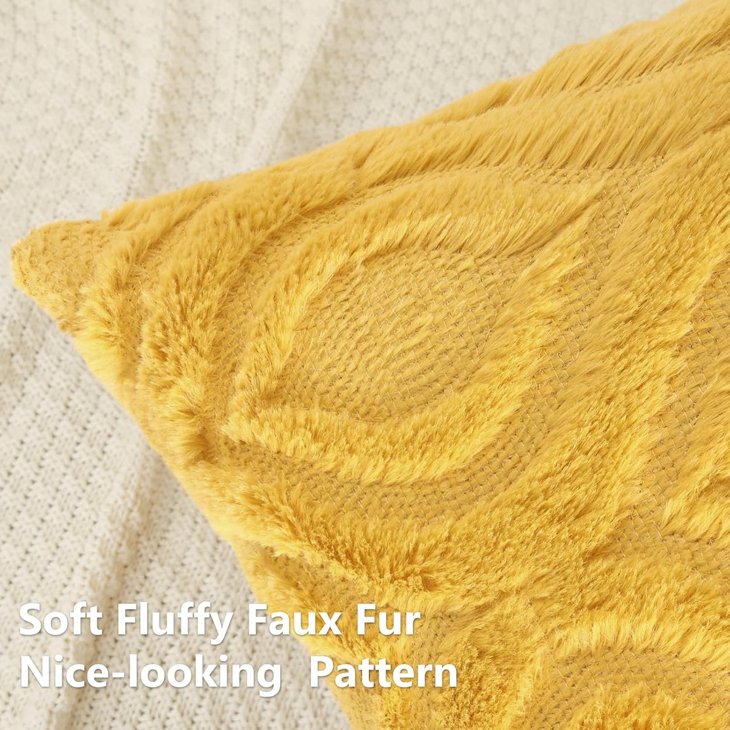 decorUhome Throw Pillow Covers 20x20 Inch Set of 2, Soft Plush Decorative Faux Fur Mustard Yellow Solid Couch Pillow Covers, Accent Farmhouse Neutral Square Euro Pillow Cases for Sofa Bed Living Room