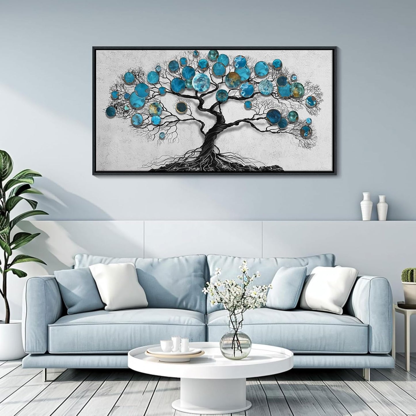 CHATYOUNG Living Room Wall Art - Tenacious Tree of Life Teal Blue Leaves Theme Large Paintings Canvas Framed Wall Picture for Office Bedroom Kitchen Office Home Decor 40"x20"