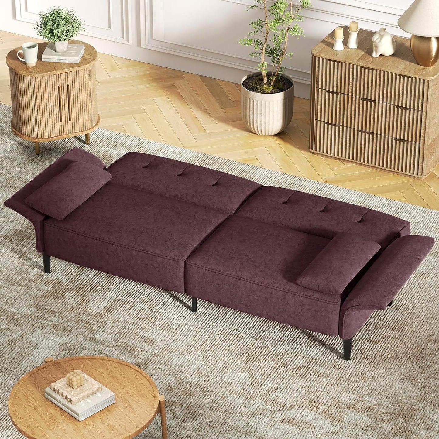 89” Futon Sofa Bed, Velvet Fabric Comfy Futon Couch Bed with 2 Square Pillows, Convertible Sleeper Sofa with Adjustable Backrest& Armrests, Modern Loveseat Sleeper for Living Room, Burgundy