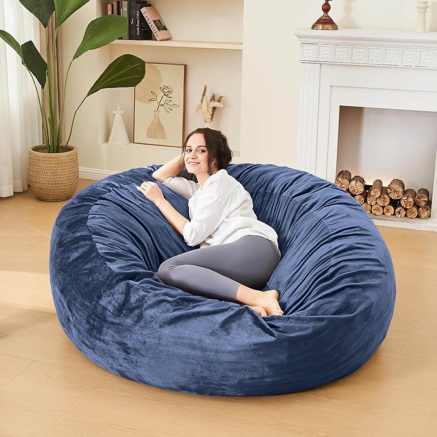 Bean Bag Chairs for Adults - Memory Foam Furniture BeanBag Chair - Kids/Teens Sofa with Soft Micro Fiber Cover - Round Fluffy Couch for Living Room Bedroom College Dorm - 4 ft, Navy