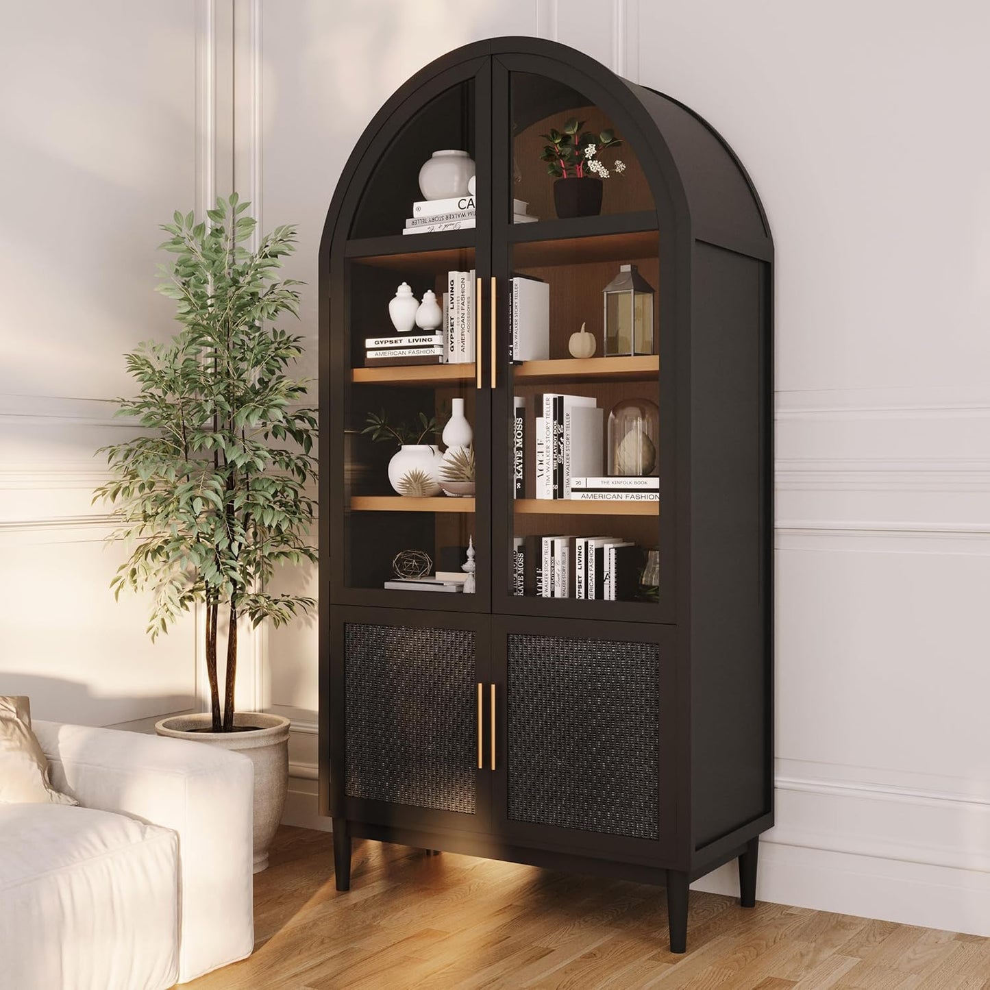 Milliard 74" Tall Arched Kitchen Pantry, Modern Storage Arched Cabinet with Adjustable Shelves and Glass Doors, Living Kitchen Dining Room Cupboard, China Hutch, Bookshelf